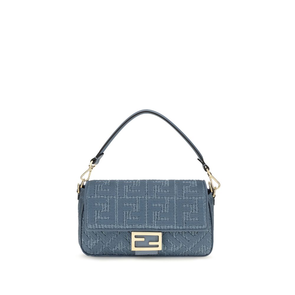 Fendi blauw raffia geborduurd signature schoudertas