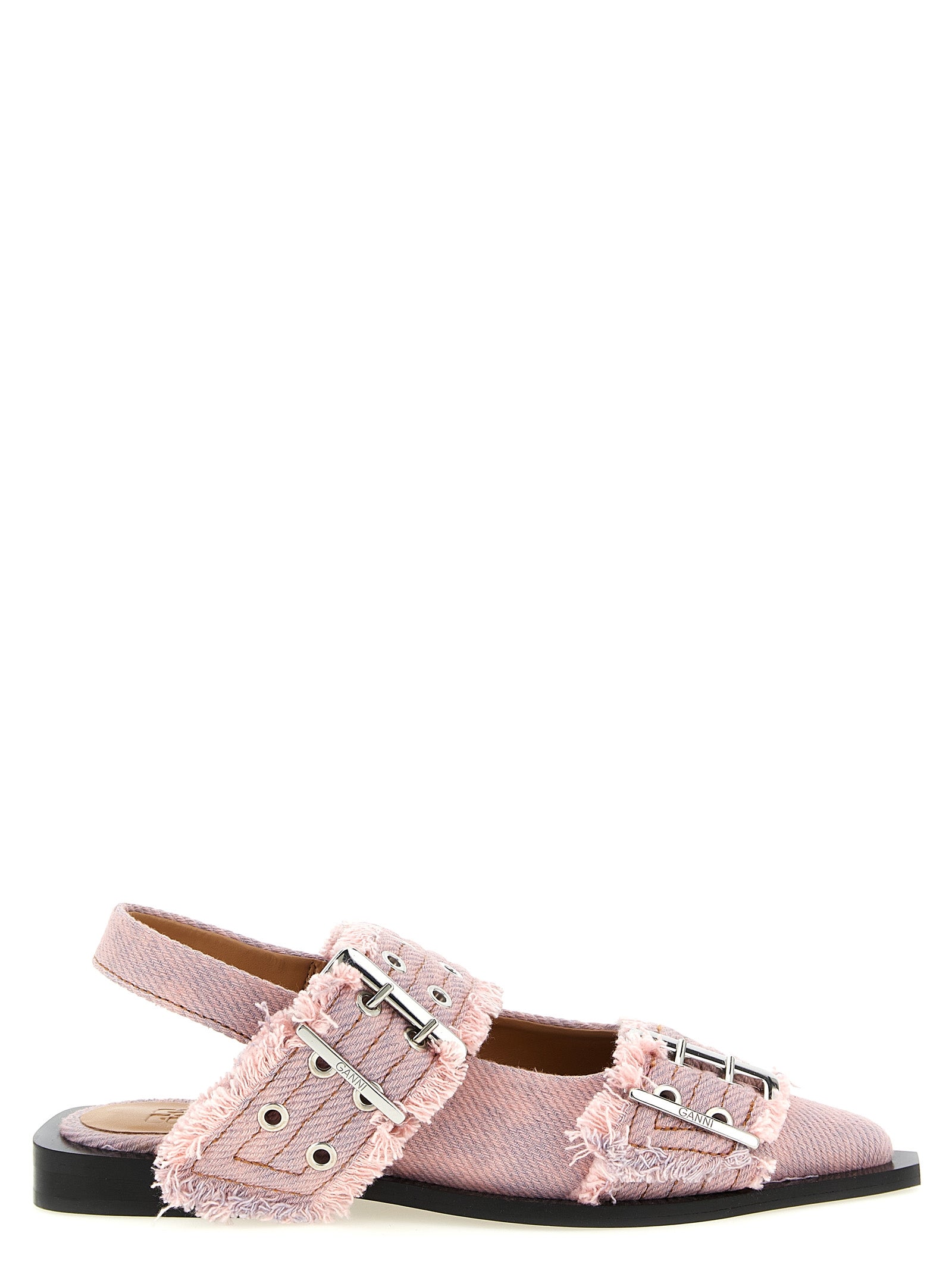 Ganni Characterful Buckled Fringed Denim Slingbacks