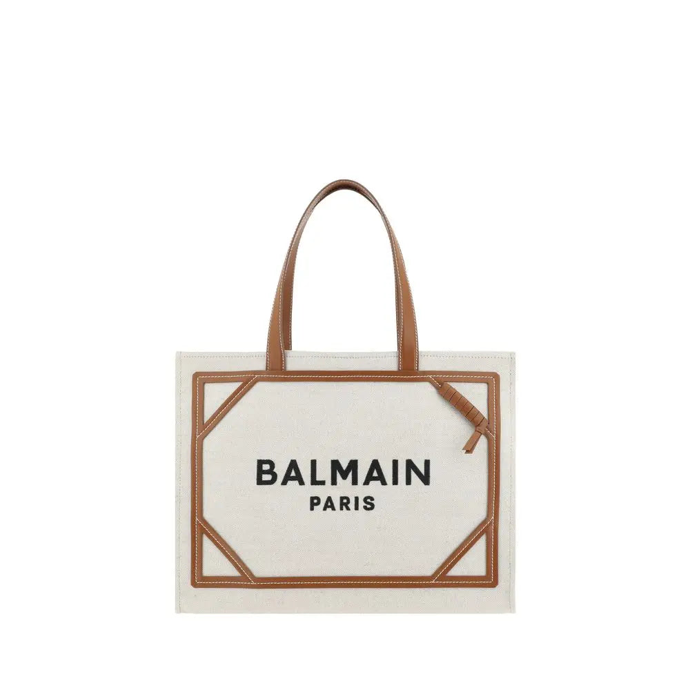 Balmain B-Army Medium Beige Cotton & Linen Shoulder Bag with Leather Handles Balmain