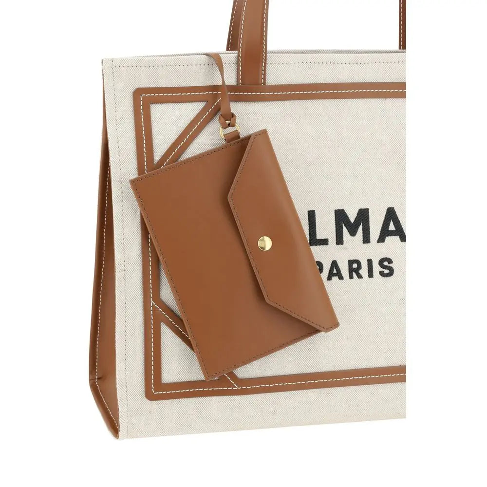 Balmain B-Army Medium Beige Cotton & Linen Shoulder Bag with Leather Handles Balmain