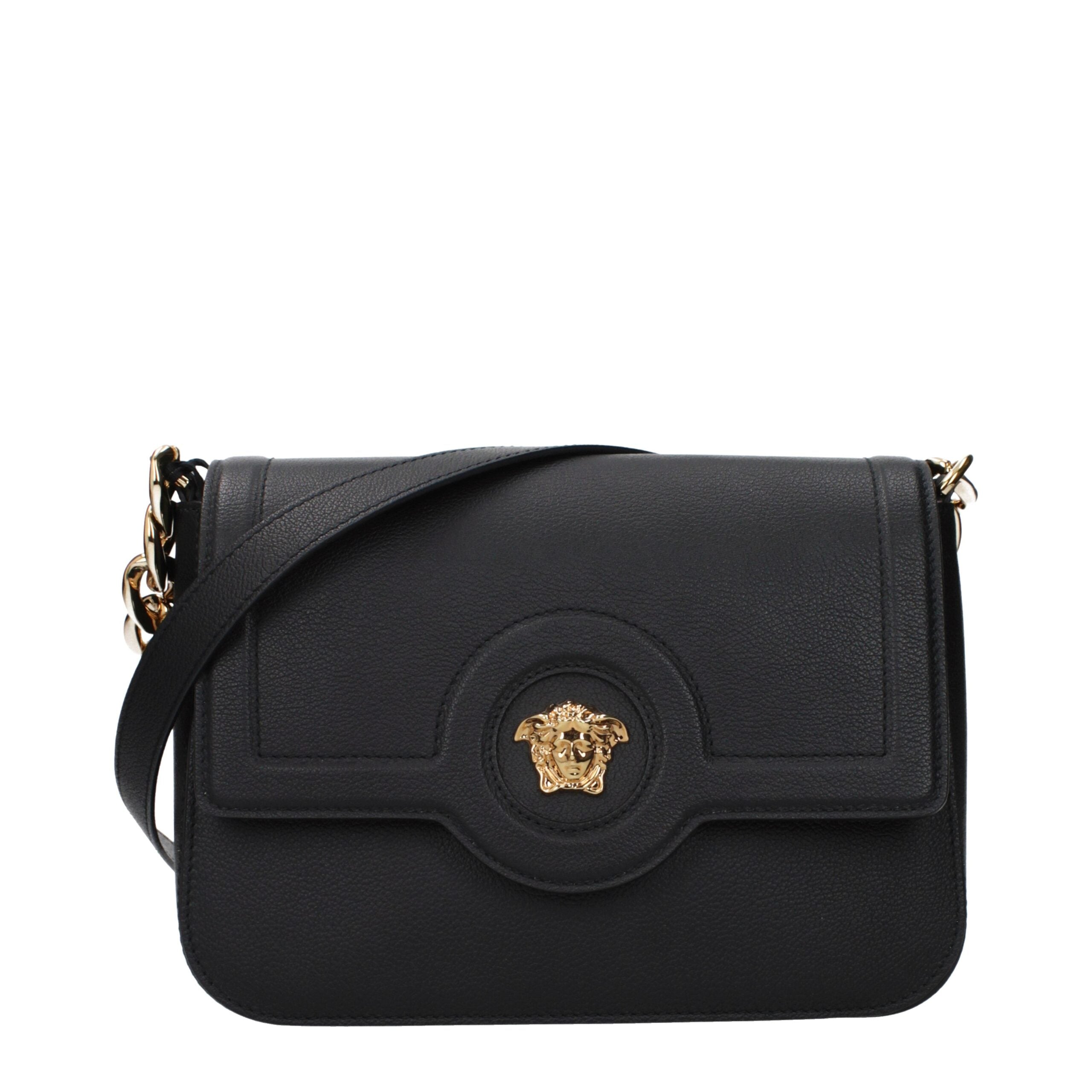 Versace Leather Crossbody Bag – Black with Gold Signature Detail