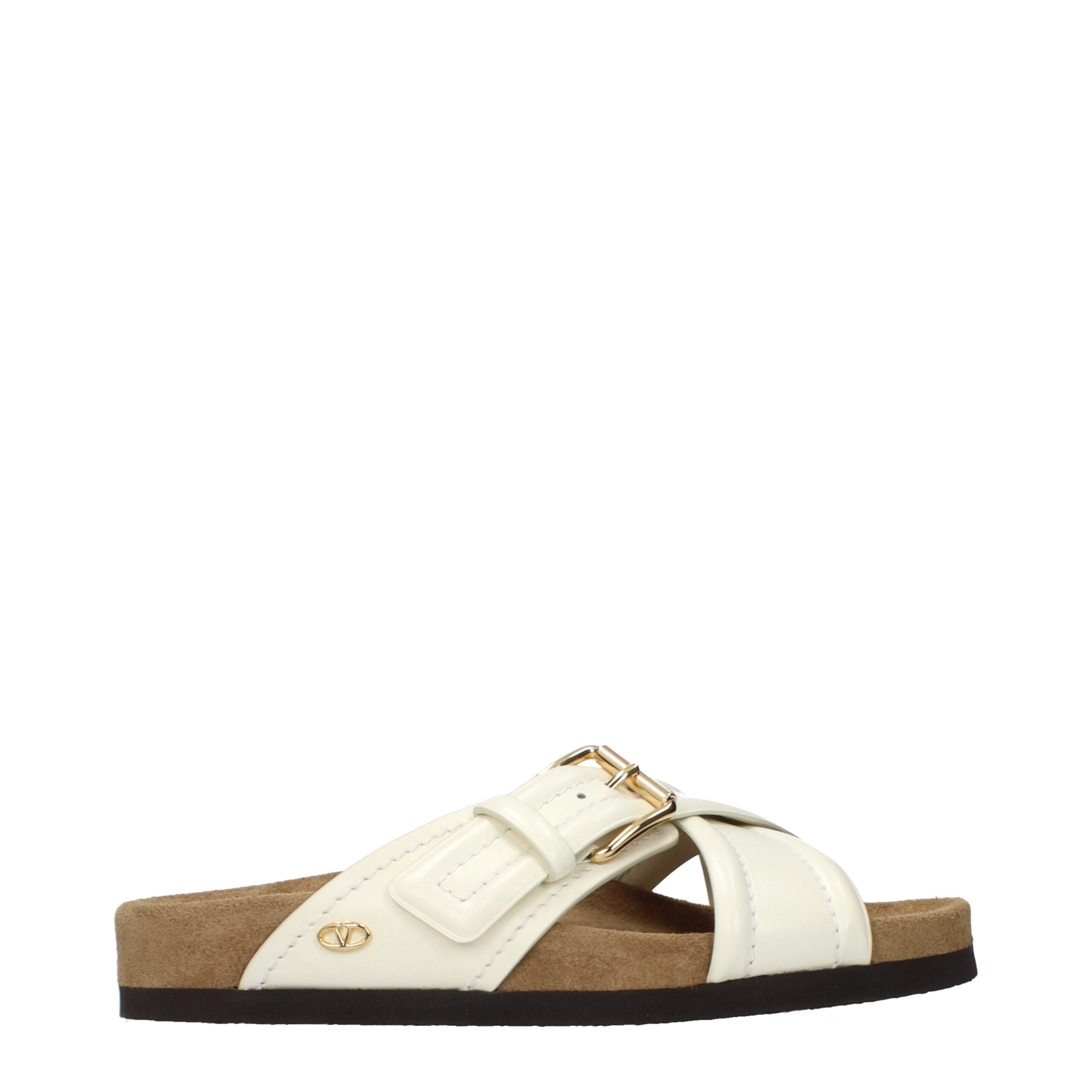 Valentino Garavani Leather Slide Sandals – Beige with Gold Accents