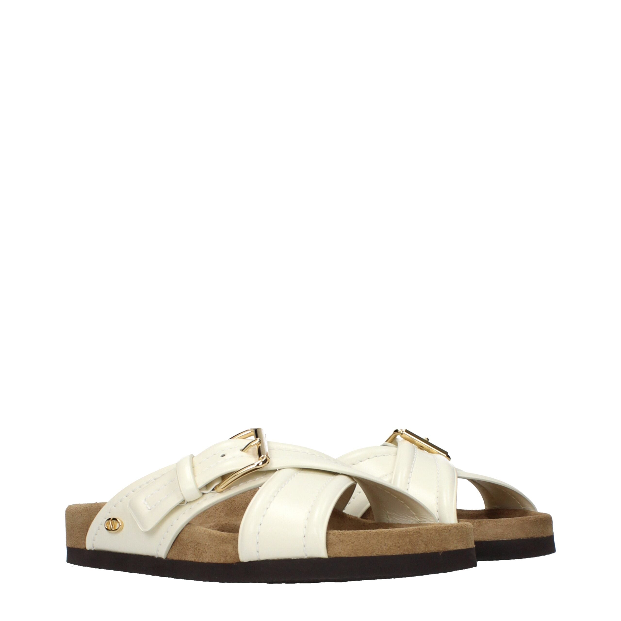 Valentino Garavani Leather Slide Sandals – Beige with Gold Accents