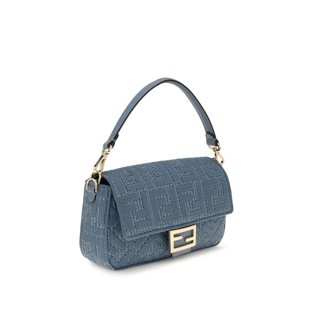 Fendi blauw raffia geborduurd signature schoudertas