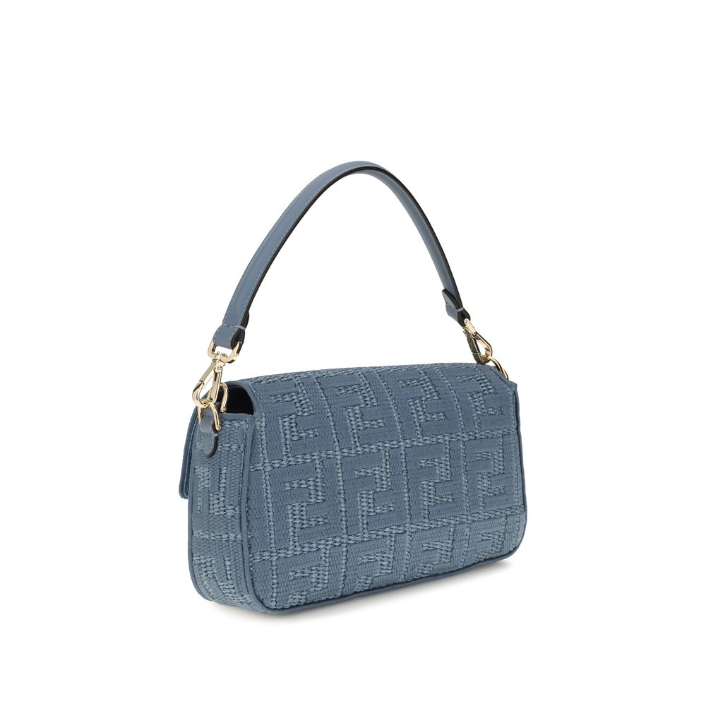 Fendi blauw raffia geborduurd signature schoudertas