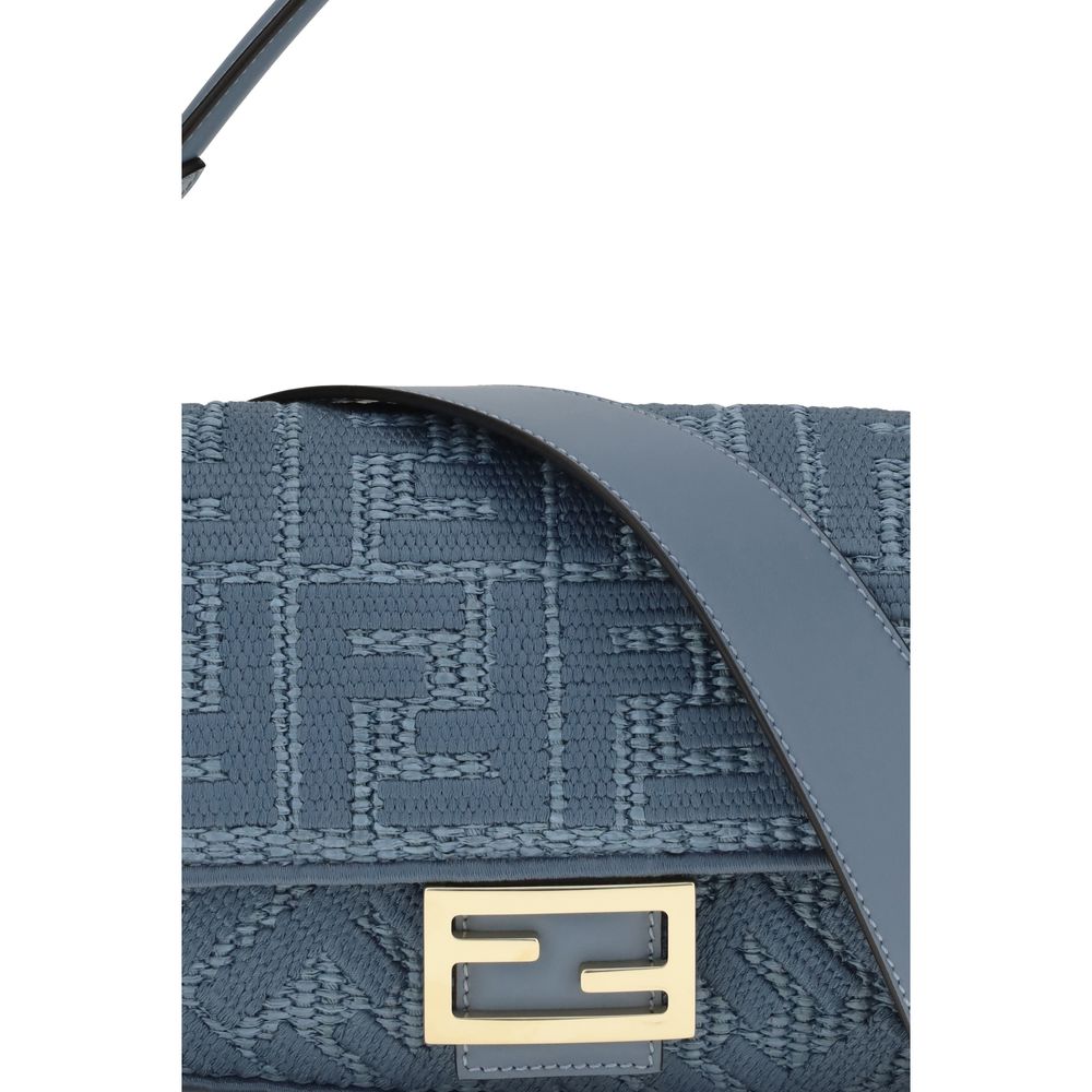 Fendi blauw raffia geborduurd signature schoudertas