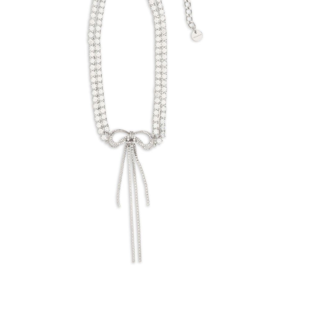 Self-Portrait Silvered Crystal Double Bow Necklace