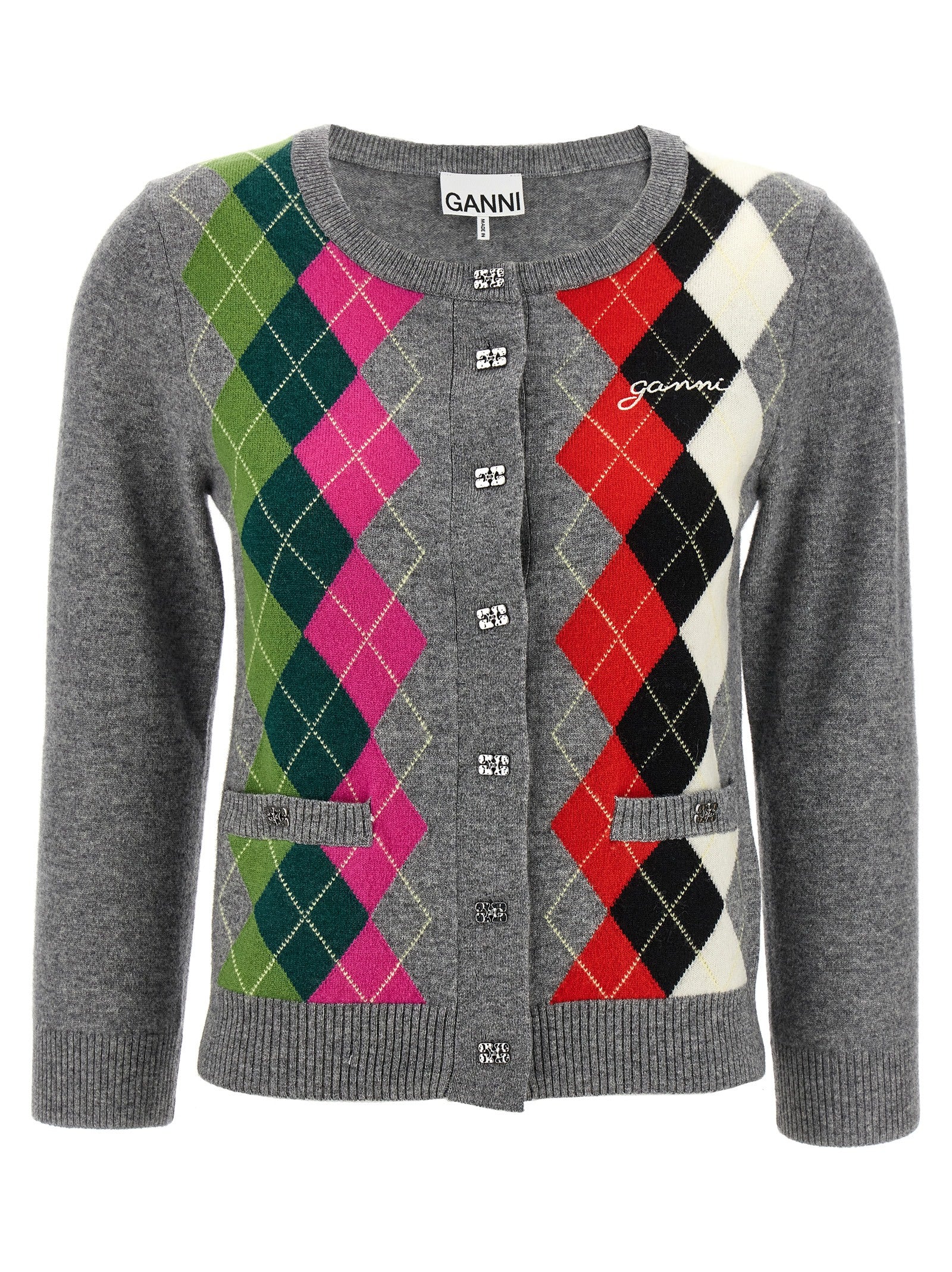 Ganni Gray Merino Wool Cardigan Cardigan
