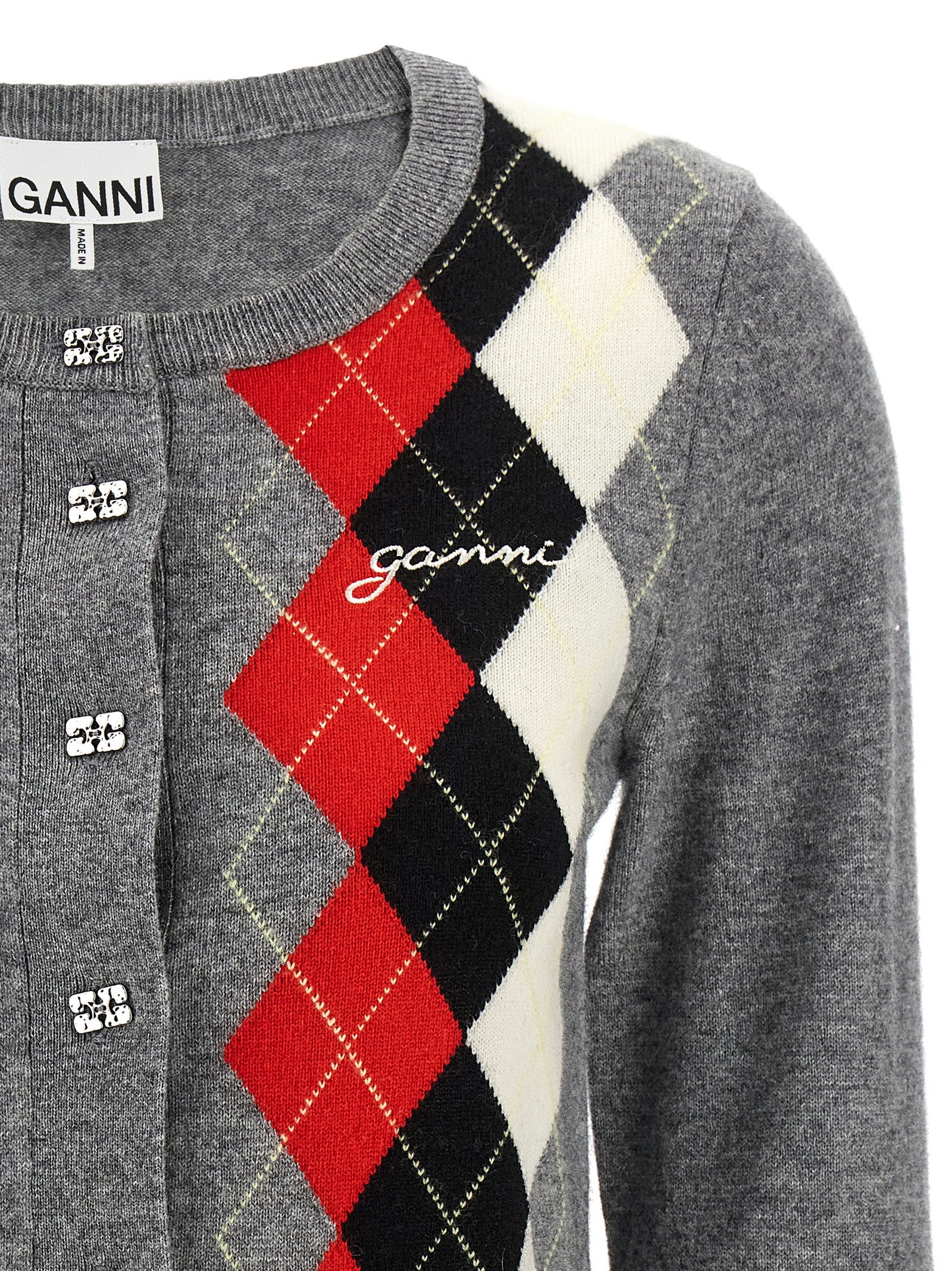 Ganni Gray Merino Wool Cardigan Cardigan