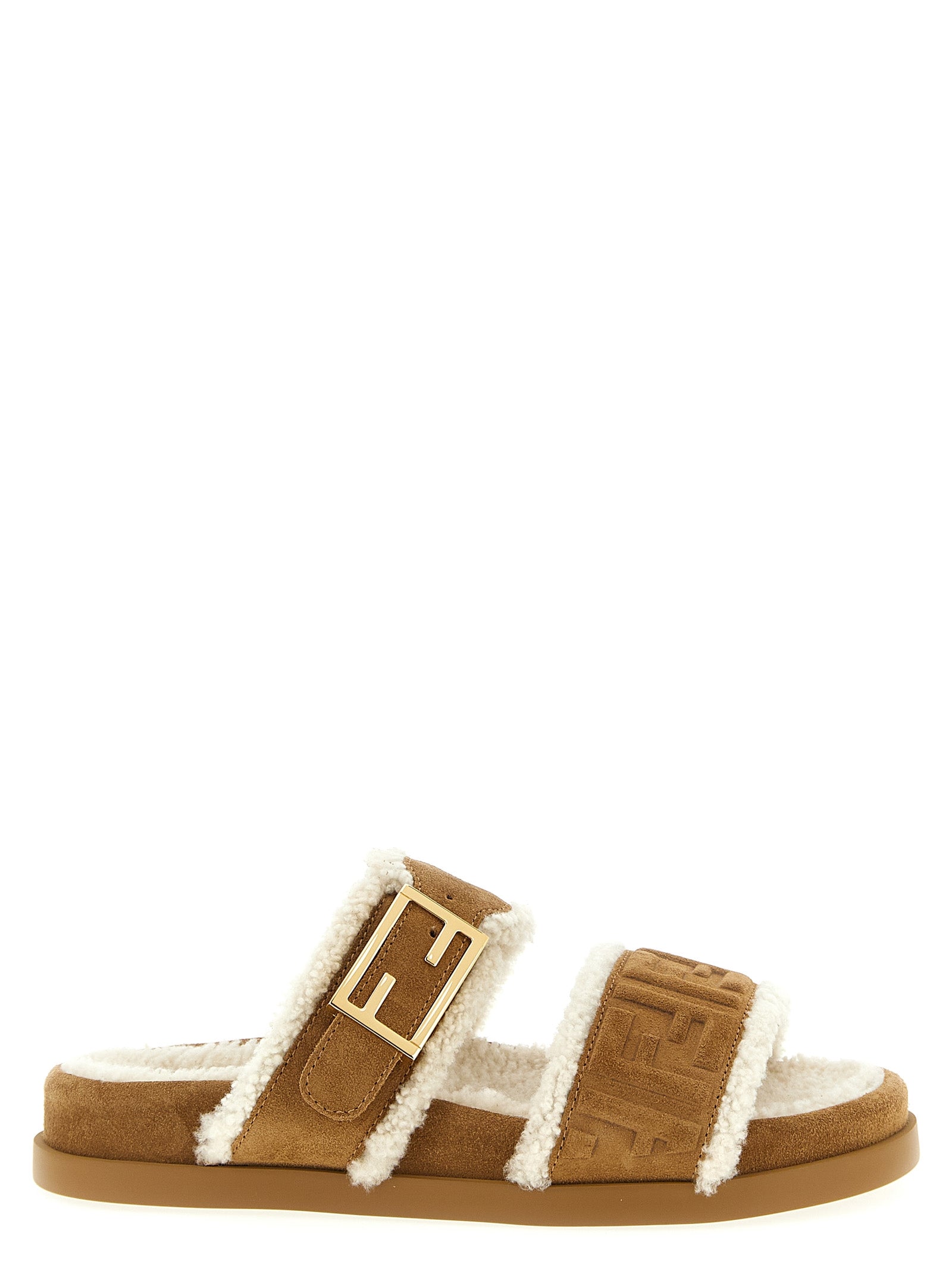 Fendi FF Logo Pattern Double Band Baguette Buckle Slides