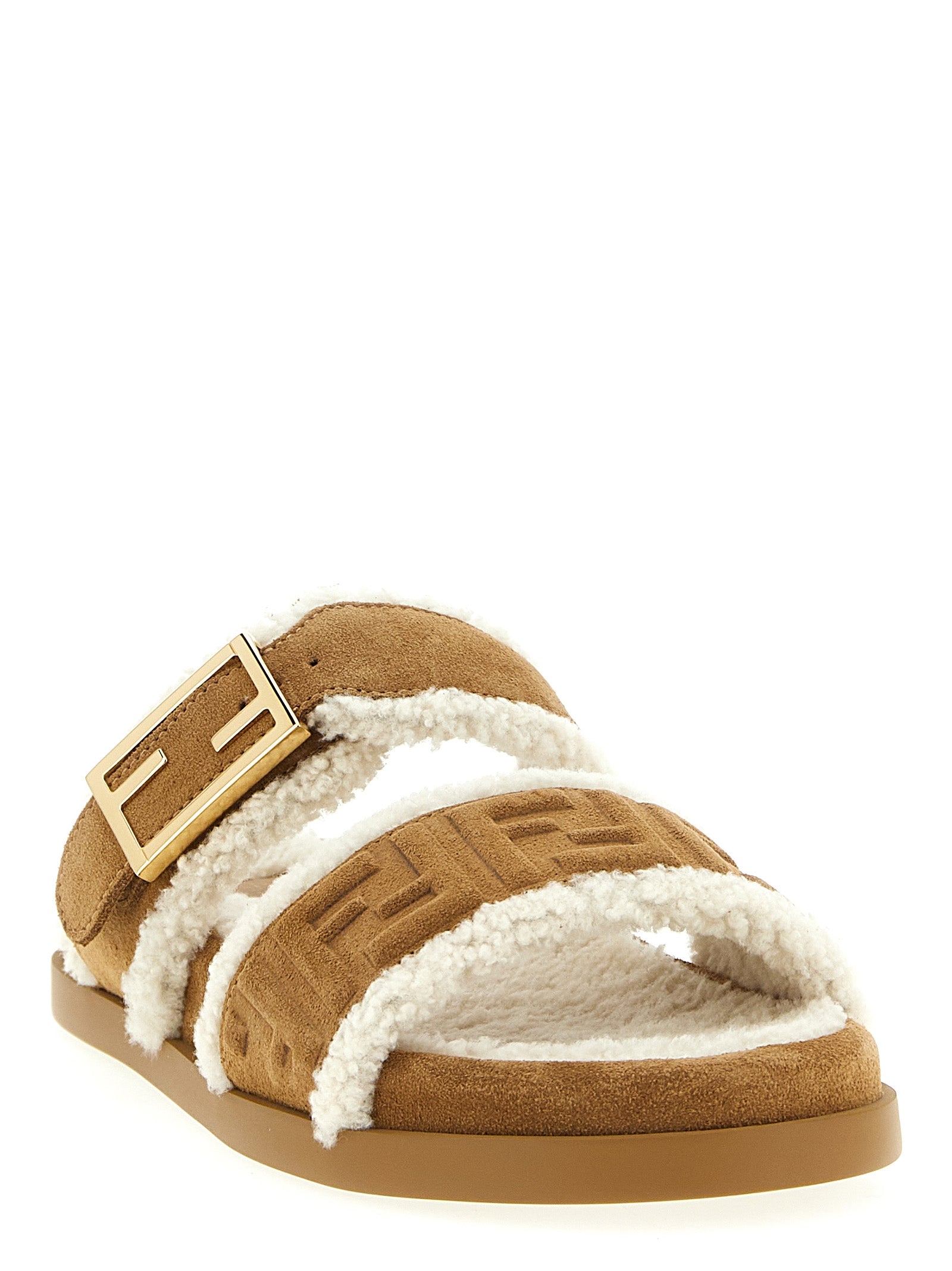 Fendi FF Logo Pattern Double Band Baguette Buckle Slides