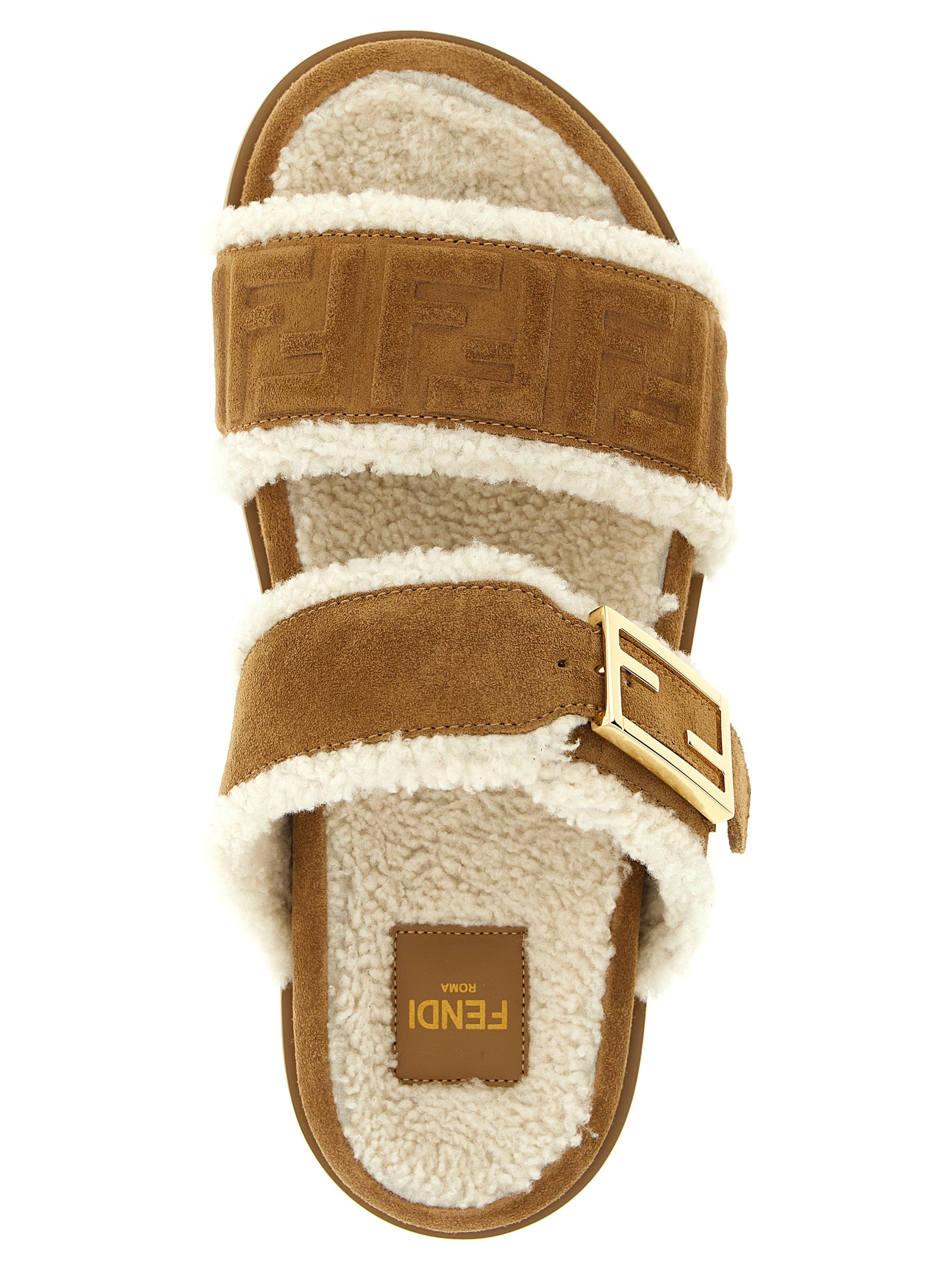 Fendi FF Logo Pattern Double Band Baguette Buckle Slides