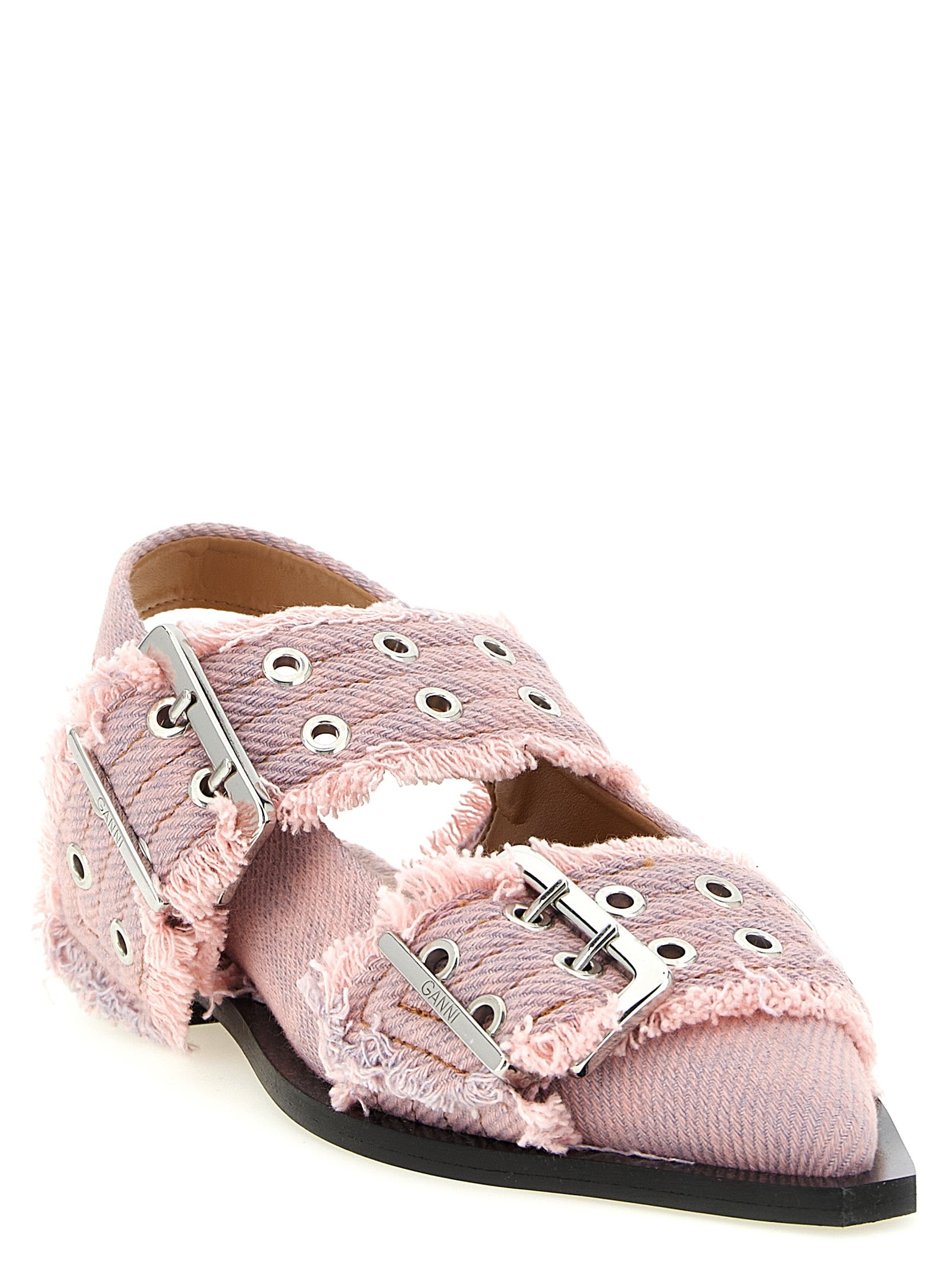 Ganni Characterful Buckled Fringed Denim Slingbacks