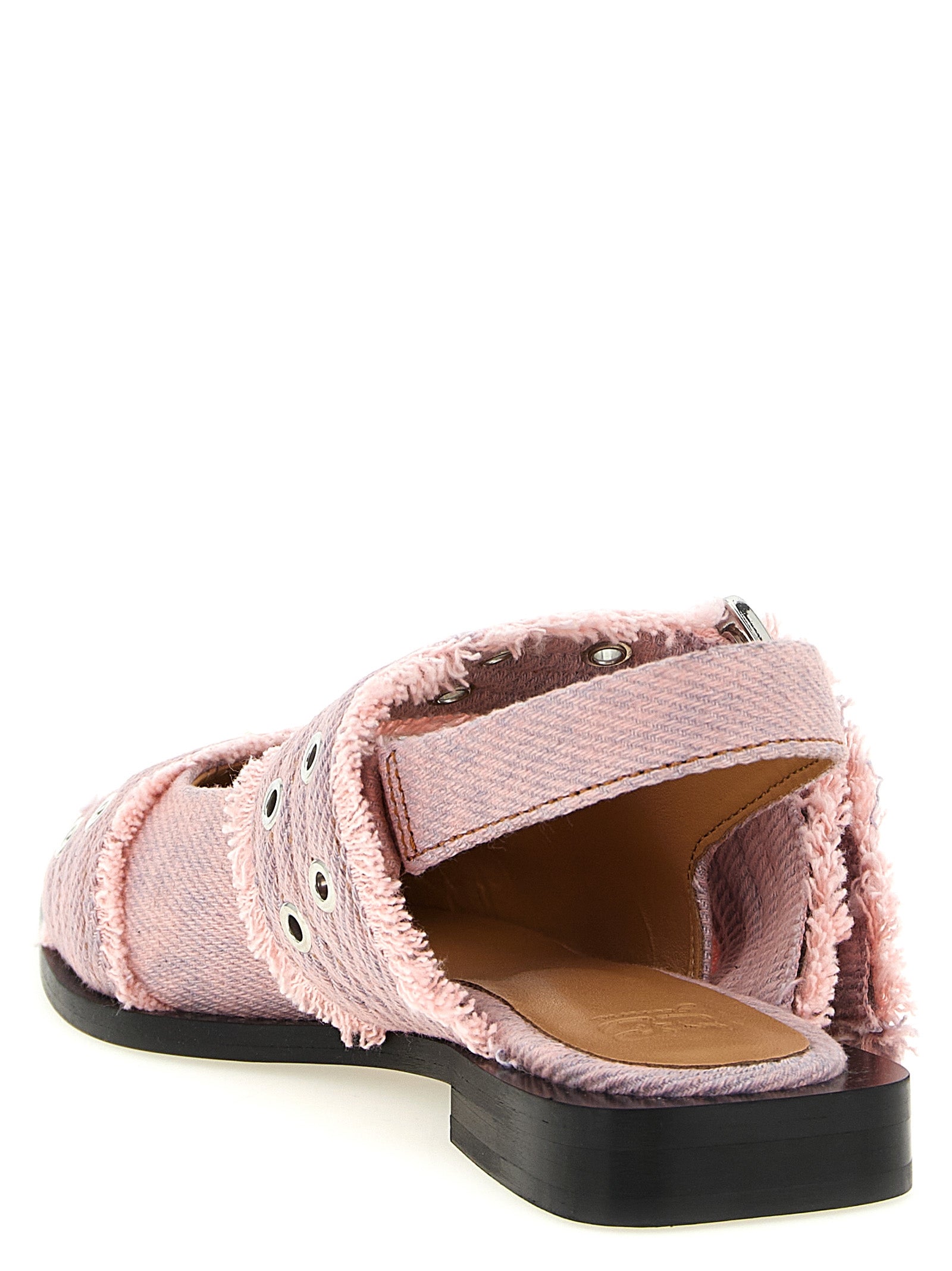 Ganni Characterful Buckled Fringed Denim Slingbacks