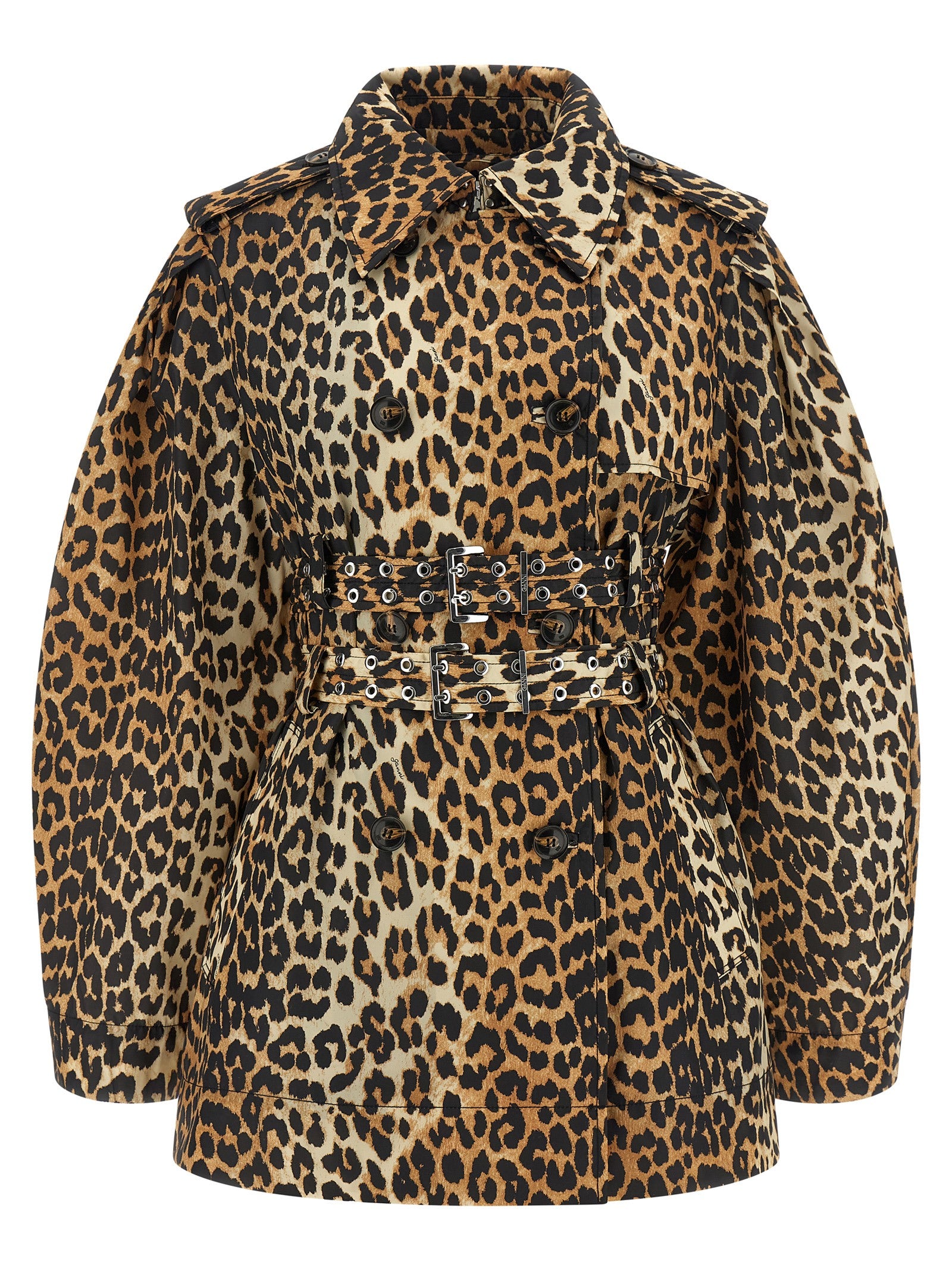 Ganni Leopard Duchesse Nylon Trench Coat