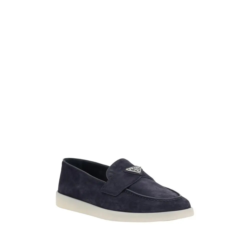 Prada Leather Loafers – Blue Suede & Triangular Logo Plaque Prada