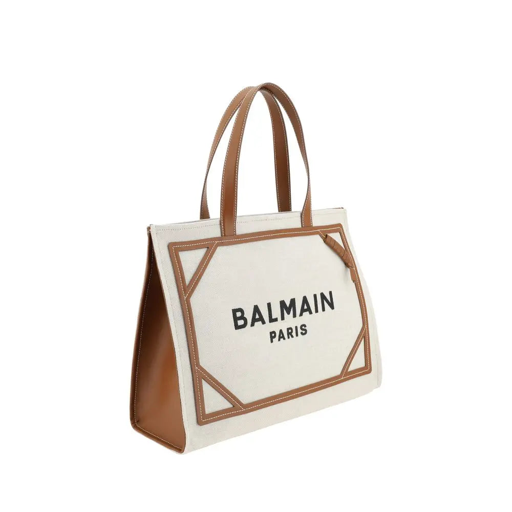 Balmain B-Army Medium Beige Cotton & Linen Shoulder Bag with Leather Handles Balmain