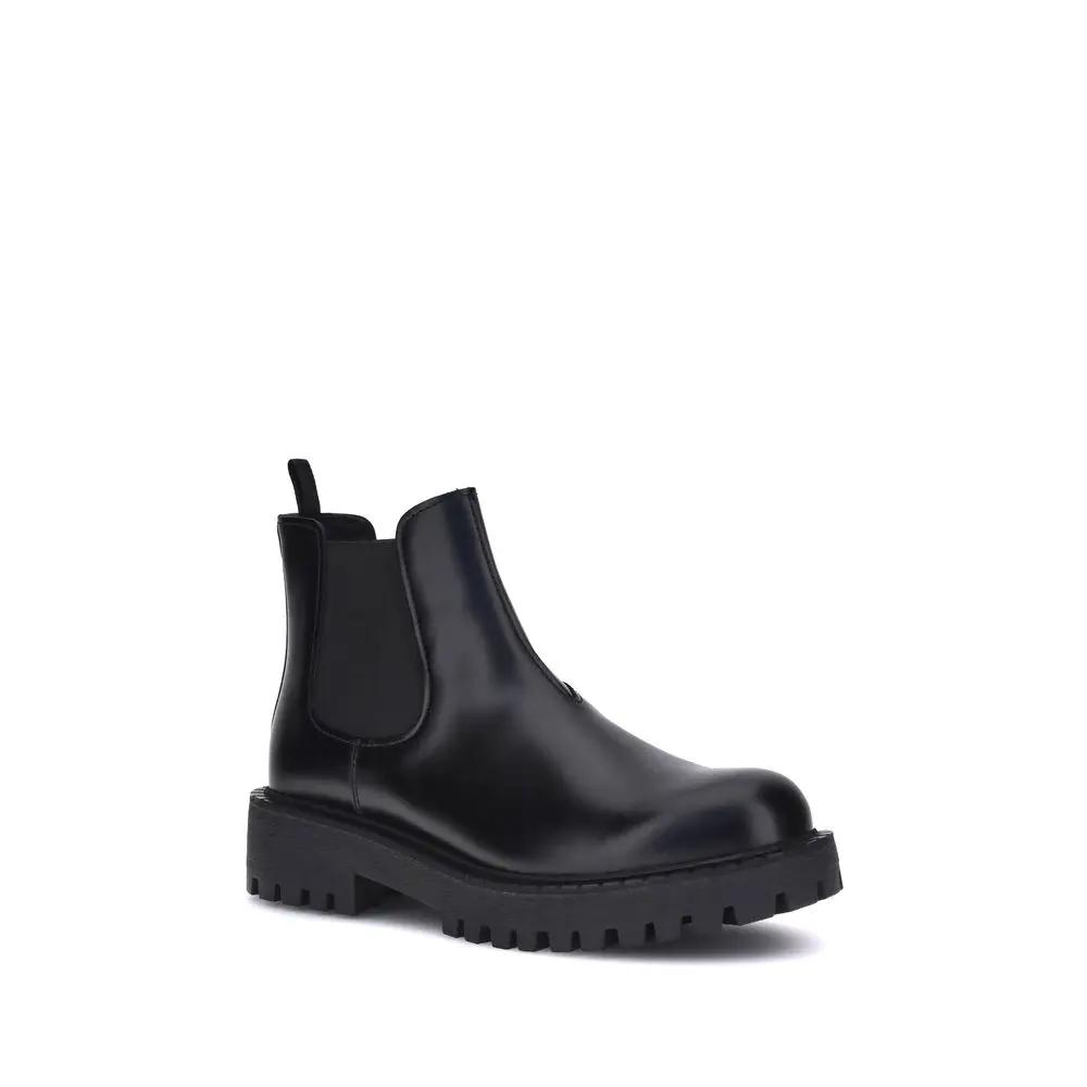 Prada Black Calfskin Chelsea Boots with Rubber Lug Sole Prada