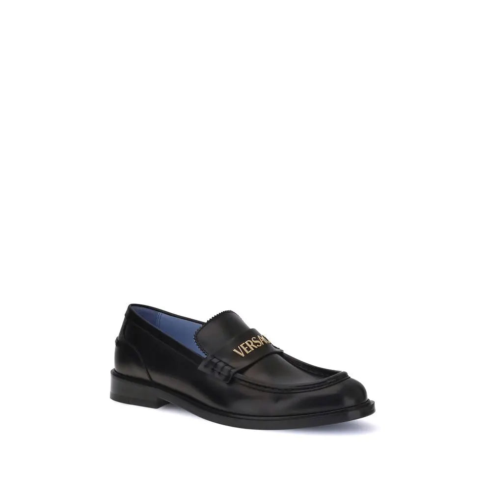 Versace Black Calf Leather Loafers with Gold Medusa Logo Versace