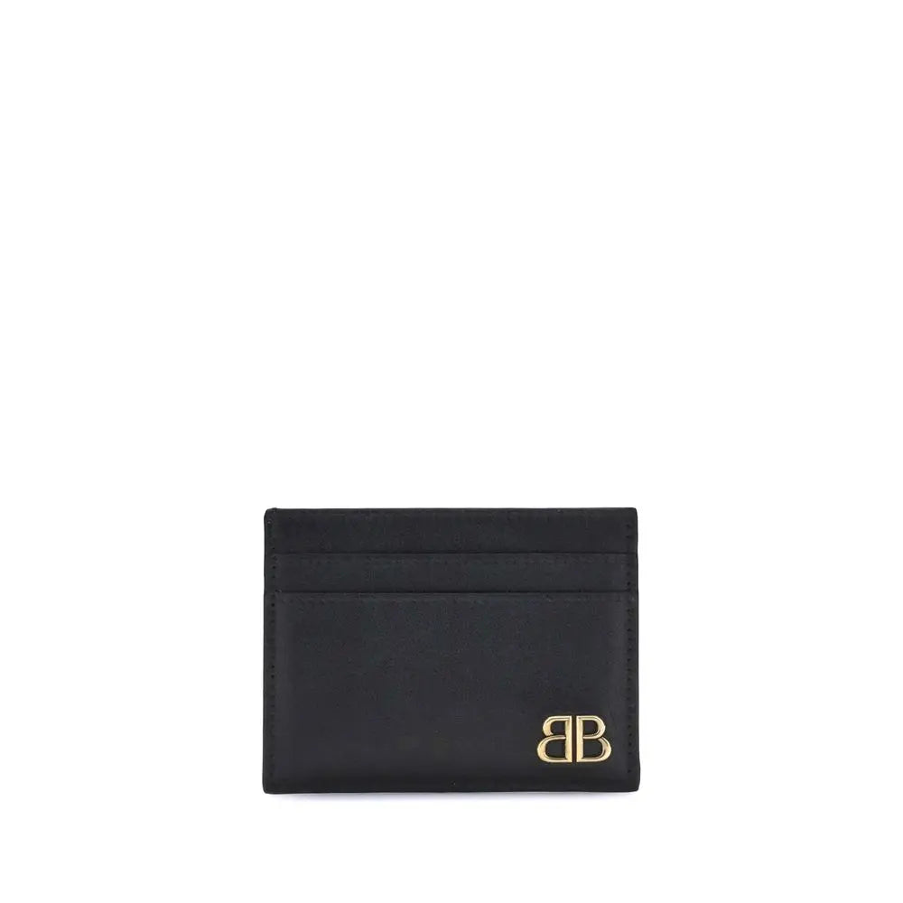 Balenciaga Monaco Black Calfskin Card Holder with Gold Logo Plaque Balenciaga