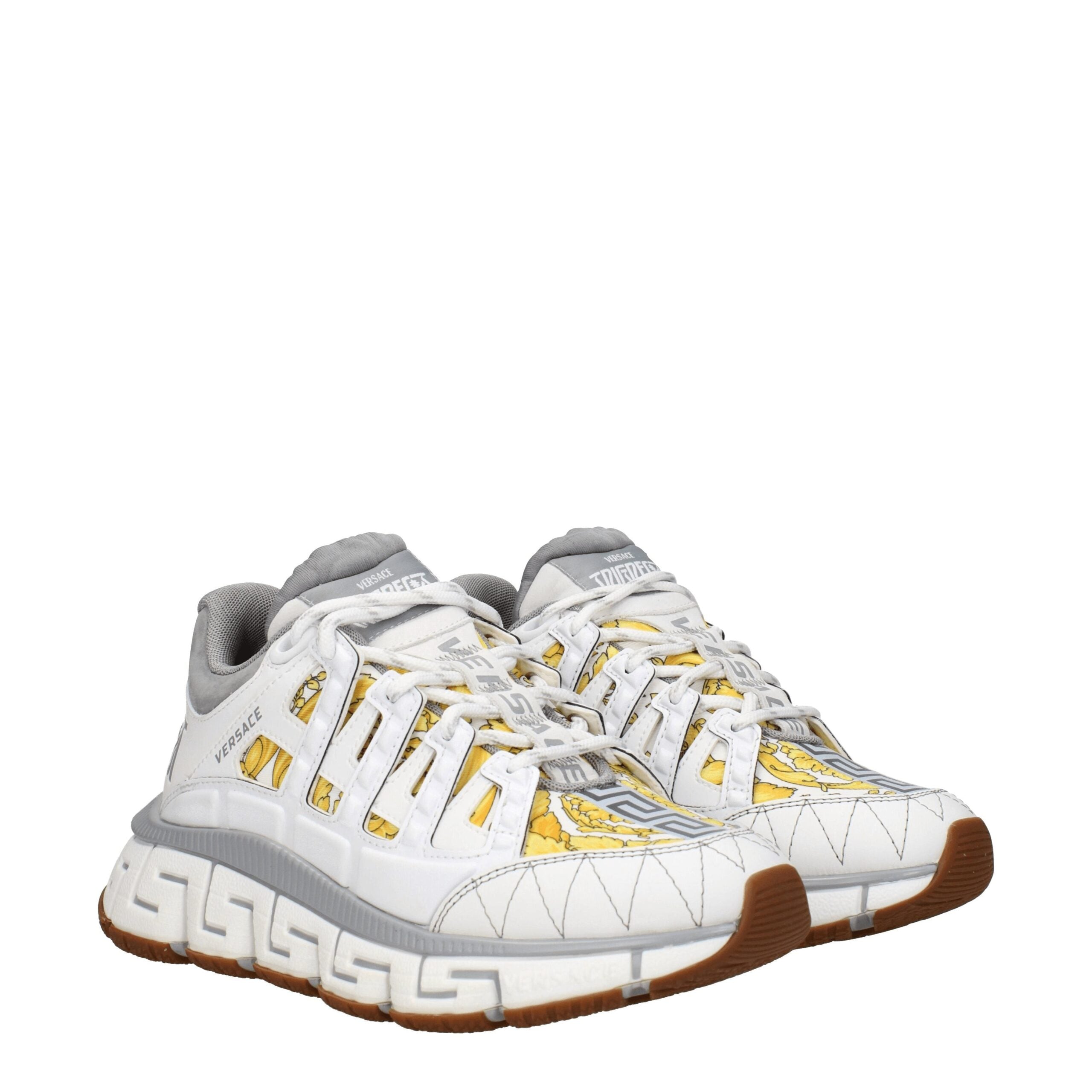 Versace Trigreca Sneakers – Wit & Grijs Leder met Variërende Print Versace