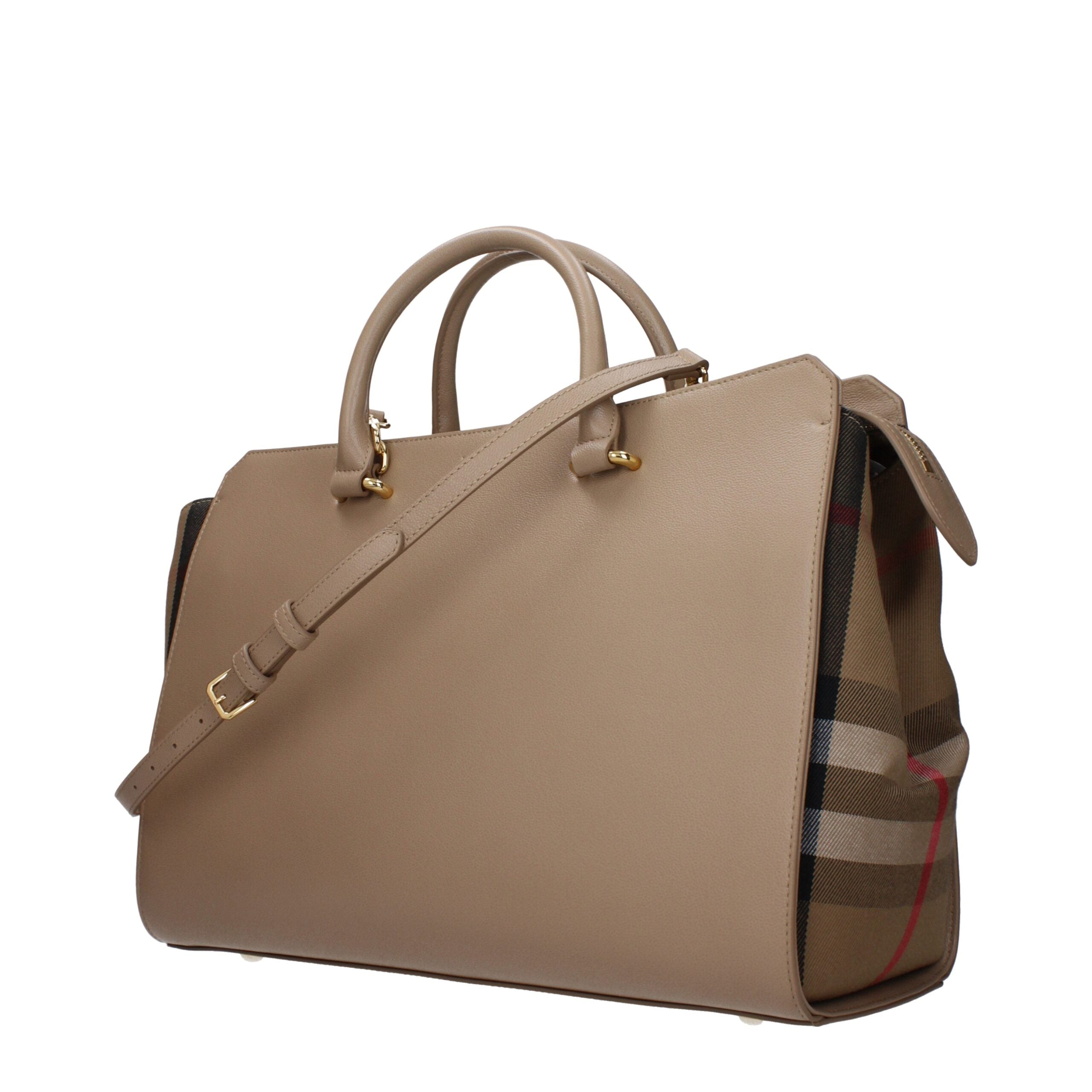 Burberry Medium Leather Handbag – Bruin Leer met Burberry Check Details en Gouden Logo