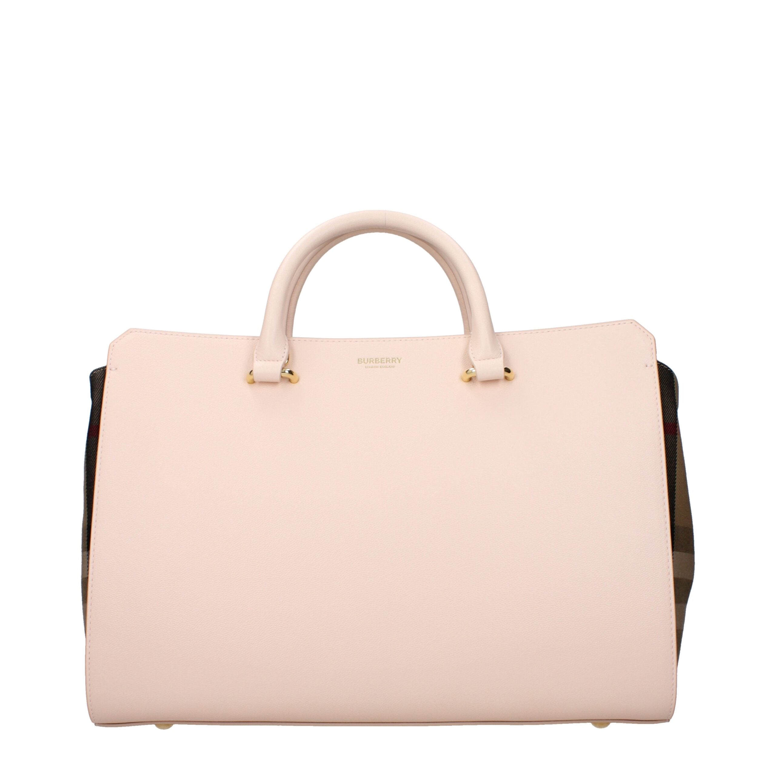 Burberry Medium Leather Handbag – Roze Kalfsleer met Check Details en Gouden Logo
