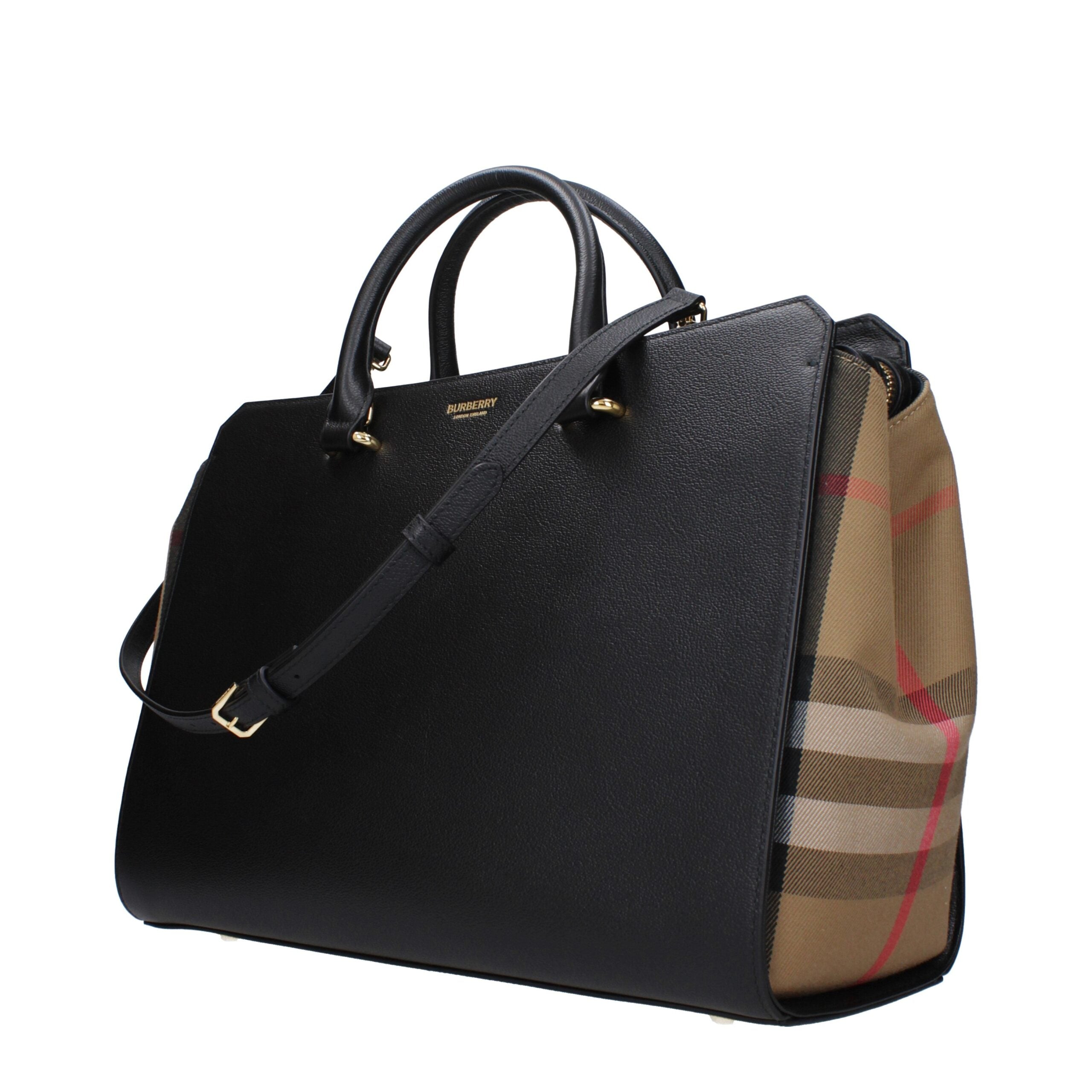 Burberry Black Leather Handbag met Vintage Check Zijkanten | Maison Martin