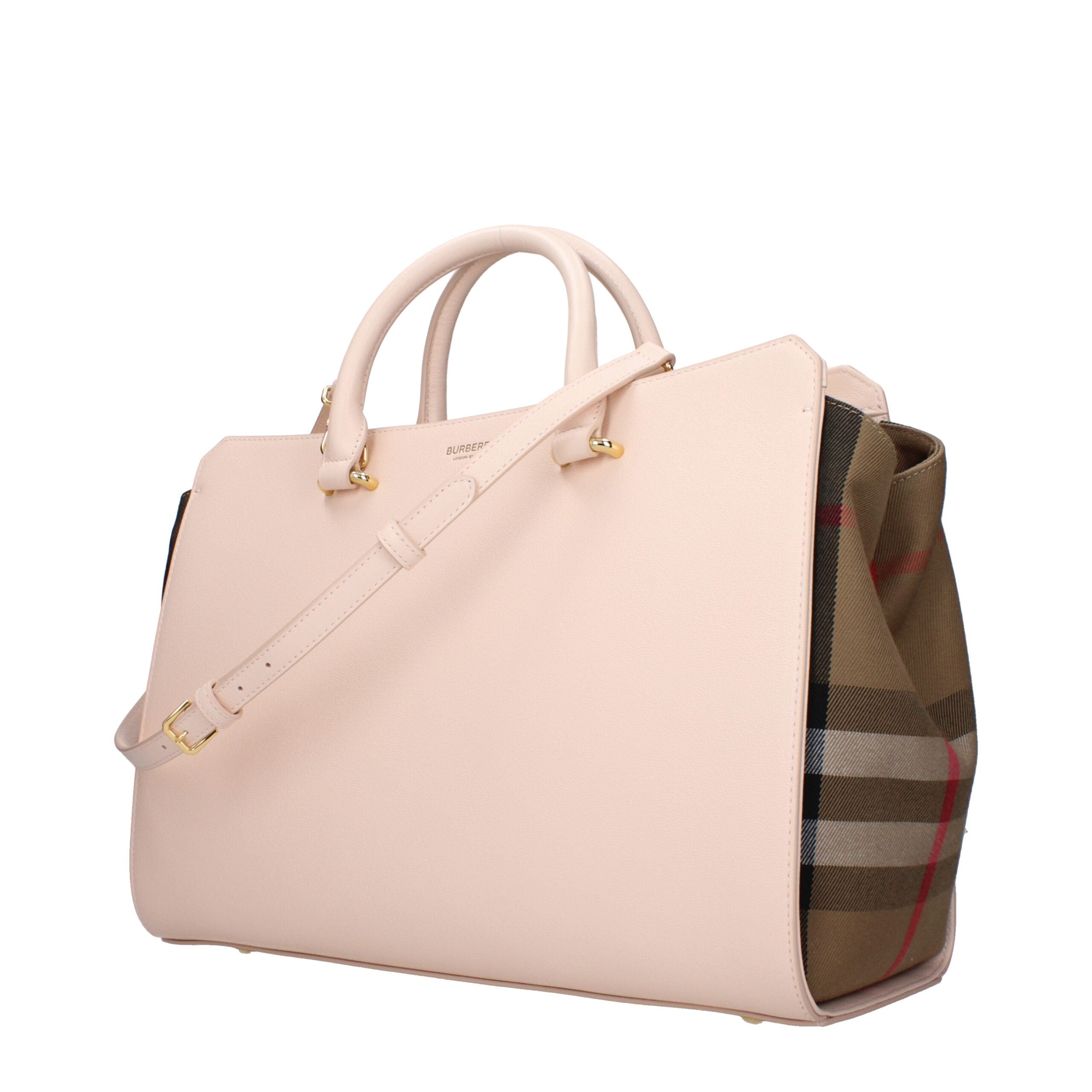 Burberry Medium Leather Handbag – Roze Kalfsleer met Check Details en Gouden Logo