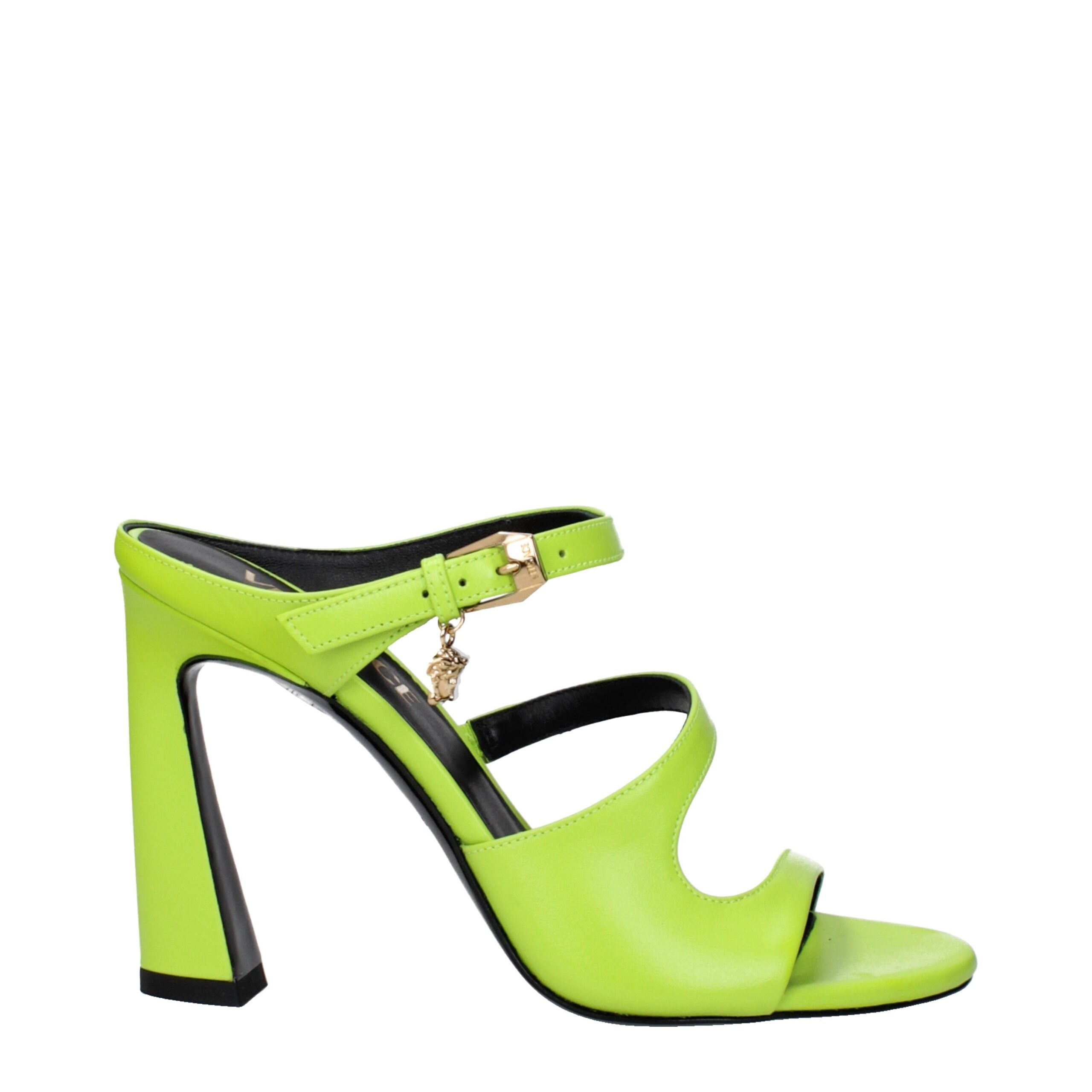 Versace Stiletto Heel Sandals – Green Leather & Gold Details