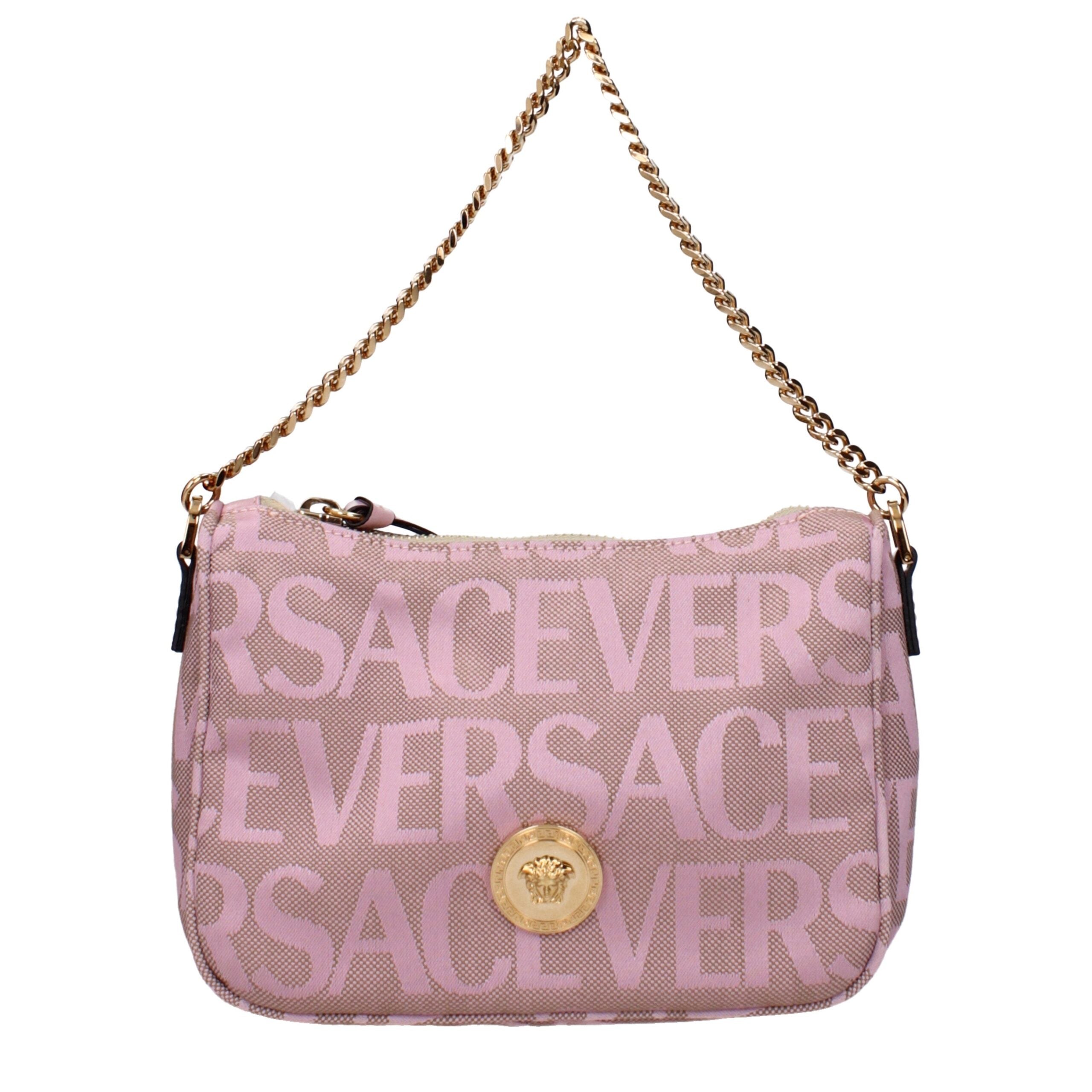 Versace Small Shoulder Bag – Roze/Beige Canvas met Gouden Medusa Badge