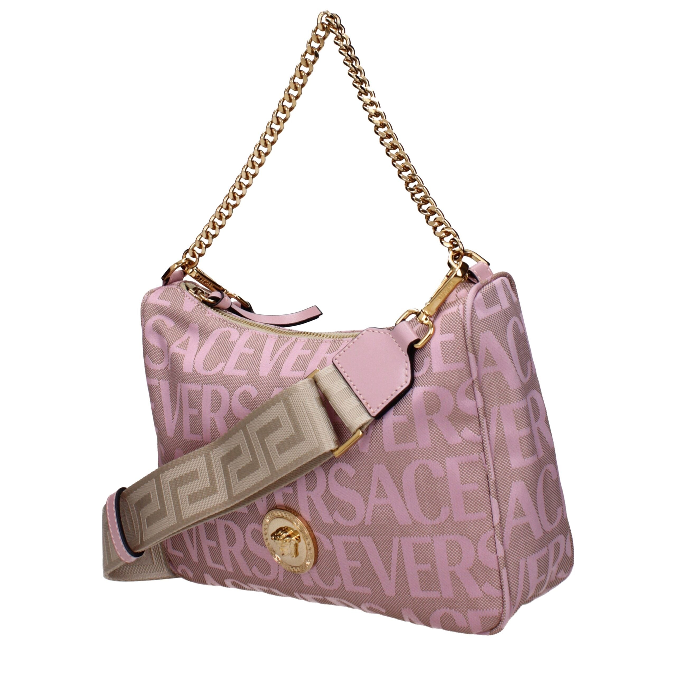Versace La Medusa Logo Jacquard Shoulder Bag – Roze/Beige Jacquard met Gouden Medusa