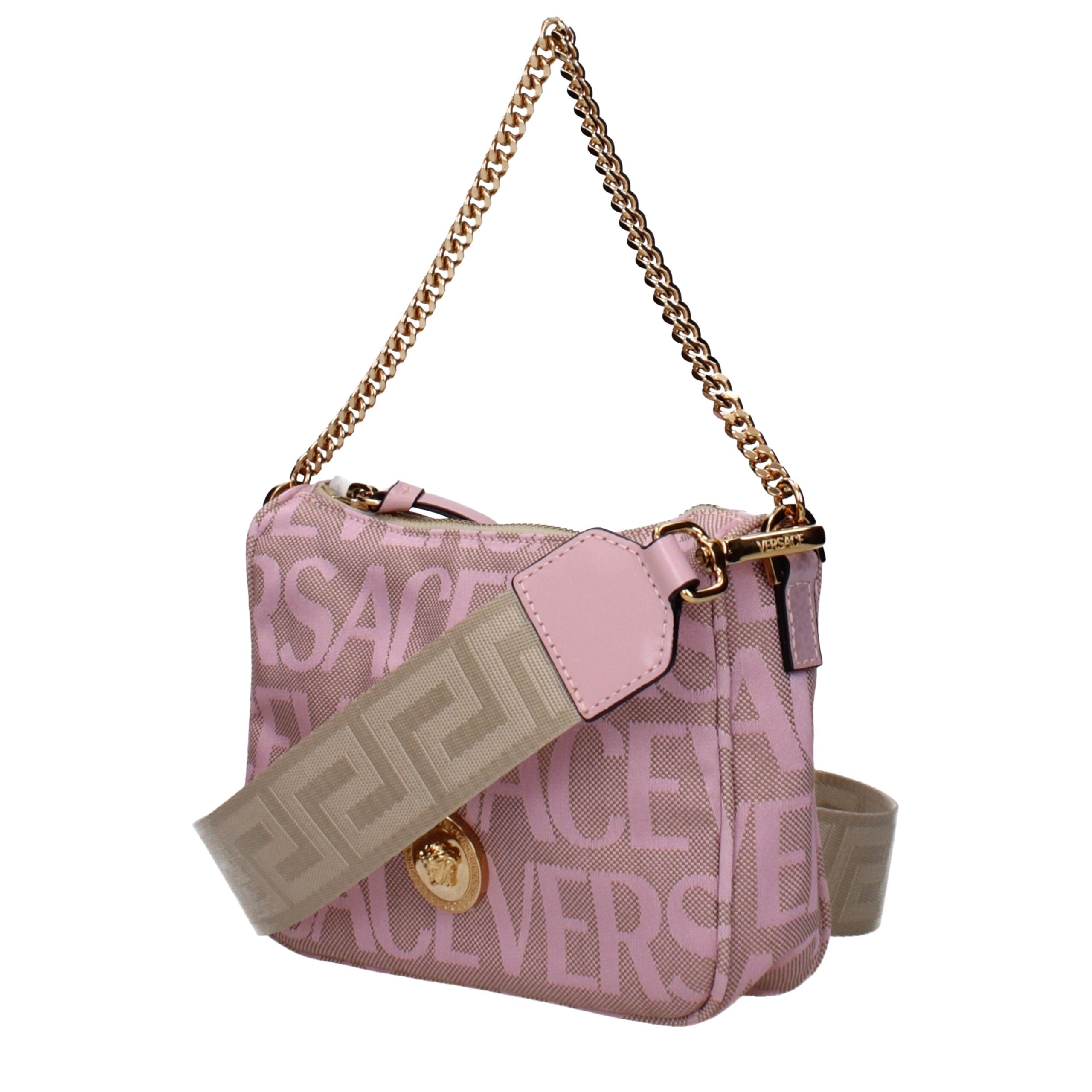 Versace Small Shoulder Bag – Roze/Beige Canvas met Gouden Medusa Badge
