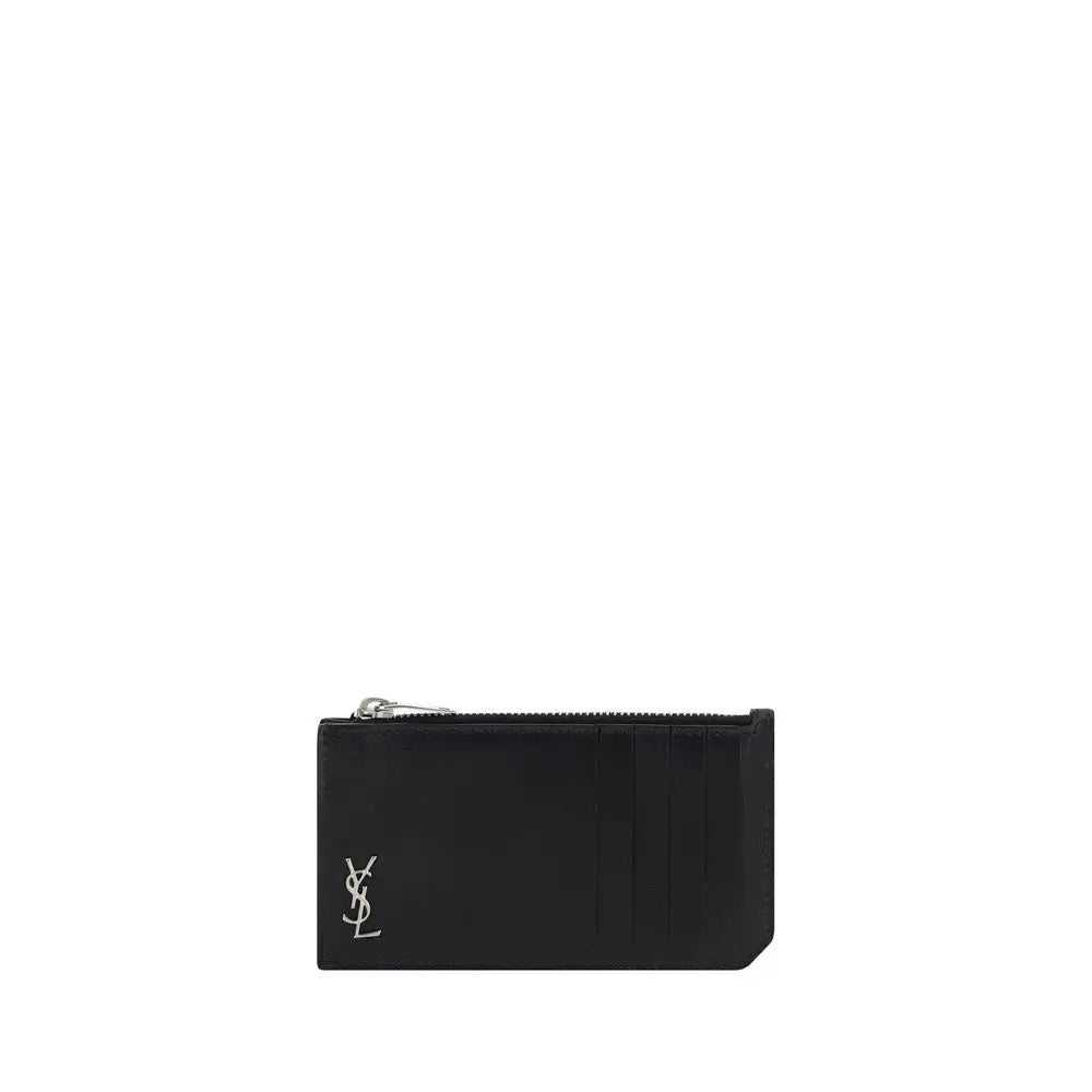 Saint Laurent Black Calfskin Card Holder with 3D YSL Logo and Zip Closure Saint Laurent