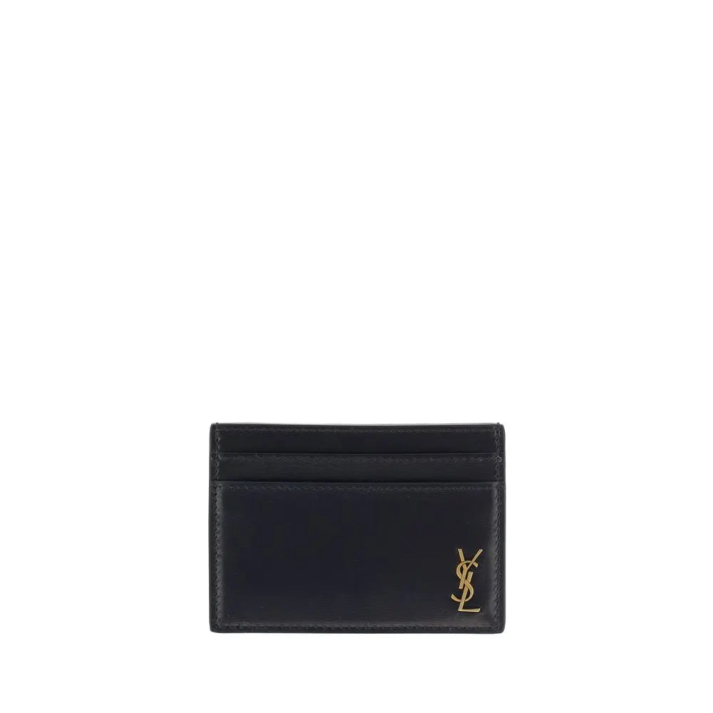 Saint Laurent Black Calfskin Card Holder with Embossed Brass Logo Saint Laurent