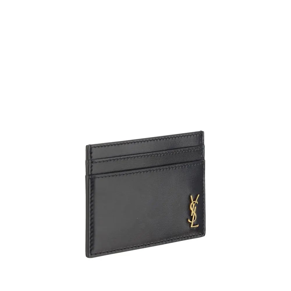 Saint Laurent Black Calfskin Card Holder with Embossed Brass Logo Saint Laurent