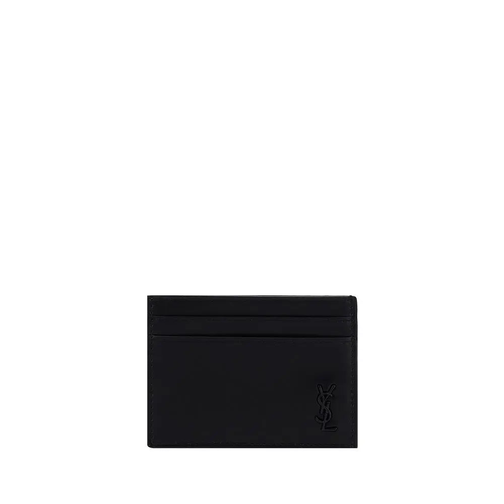 Saint Laurent Black Calfskin Card Holder with Logo Plaque Saint Laurent