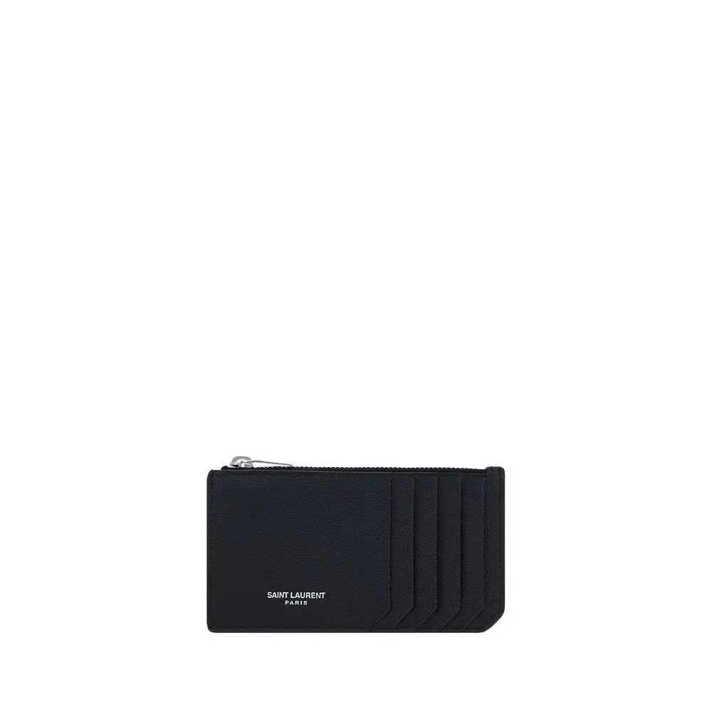 Saint Laurent Black Calfskin Card Holder with Zip Coin Compartment Saint Laurent