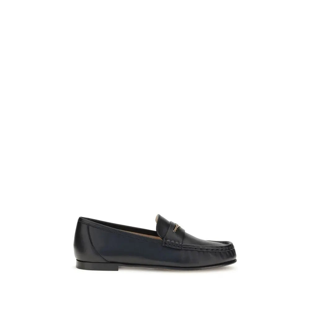 Chloé Black Polished Calfskin Leather Loafers with Gold Chain Detail Chloé