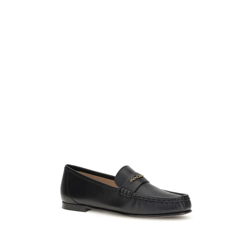 Chloé Black Polished Calfskin Leather Loafers with Gold Chain Detail Chloé