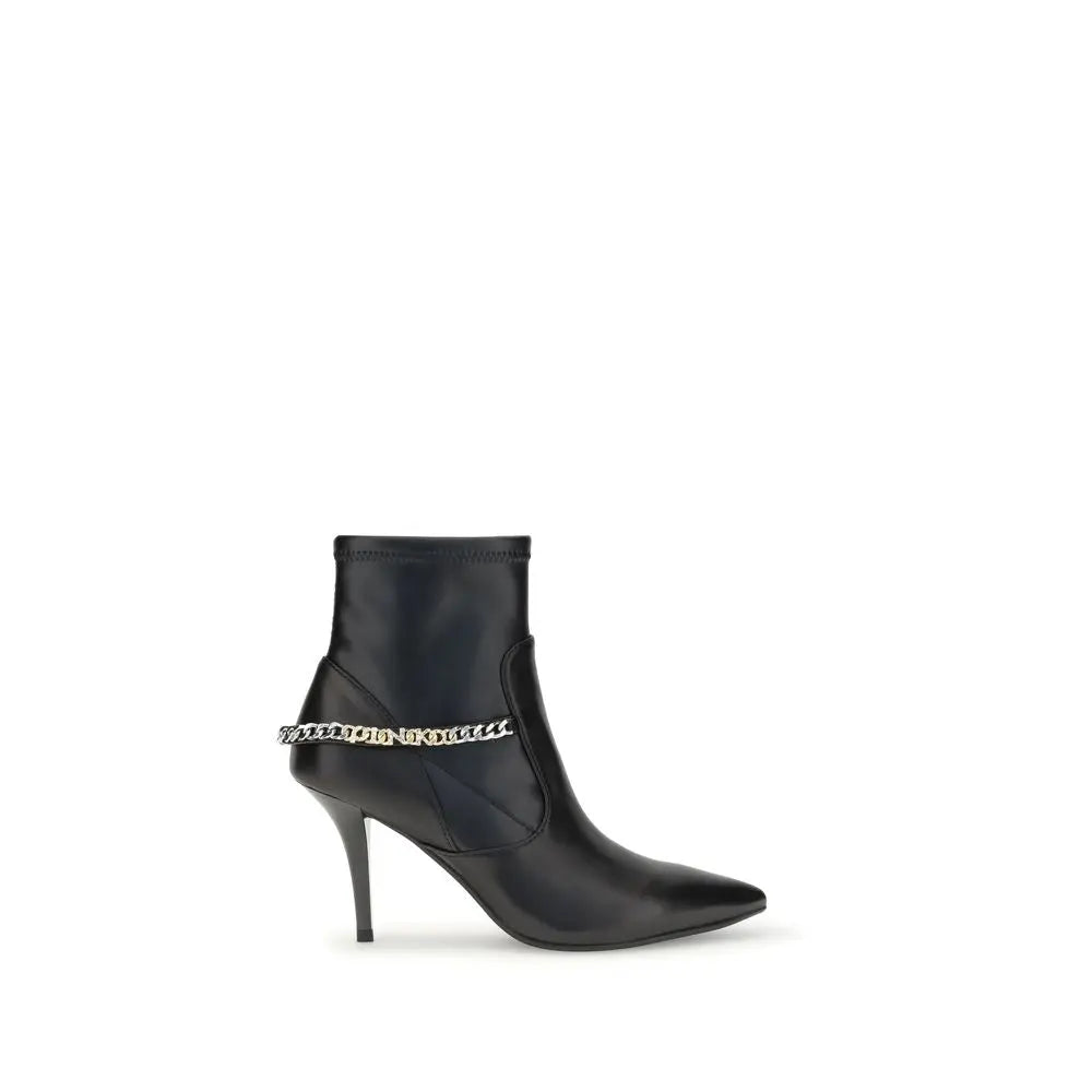 Pinko Black Calfskin Leather Ankle Boots with Rhinestone Logo Chain PINKO