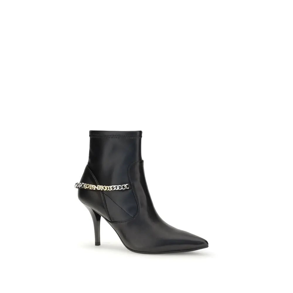 Pinko Black Calfskin Leather Ankle Boots with Rhinestone Logo Chain PINKO