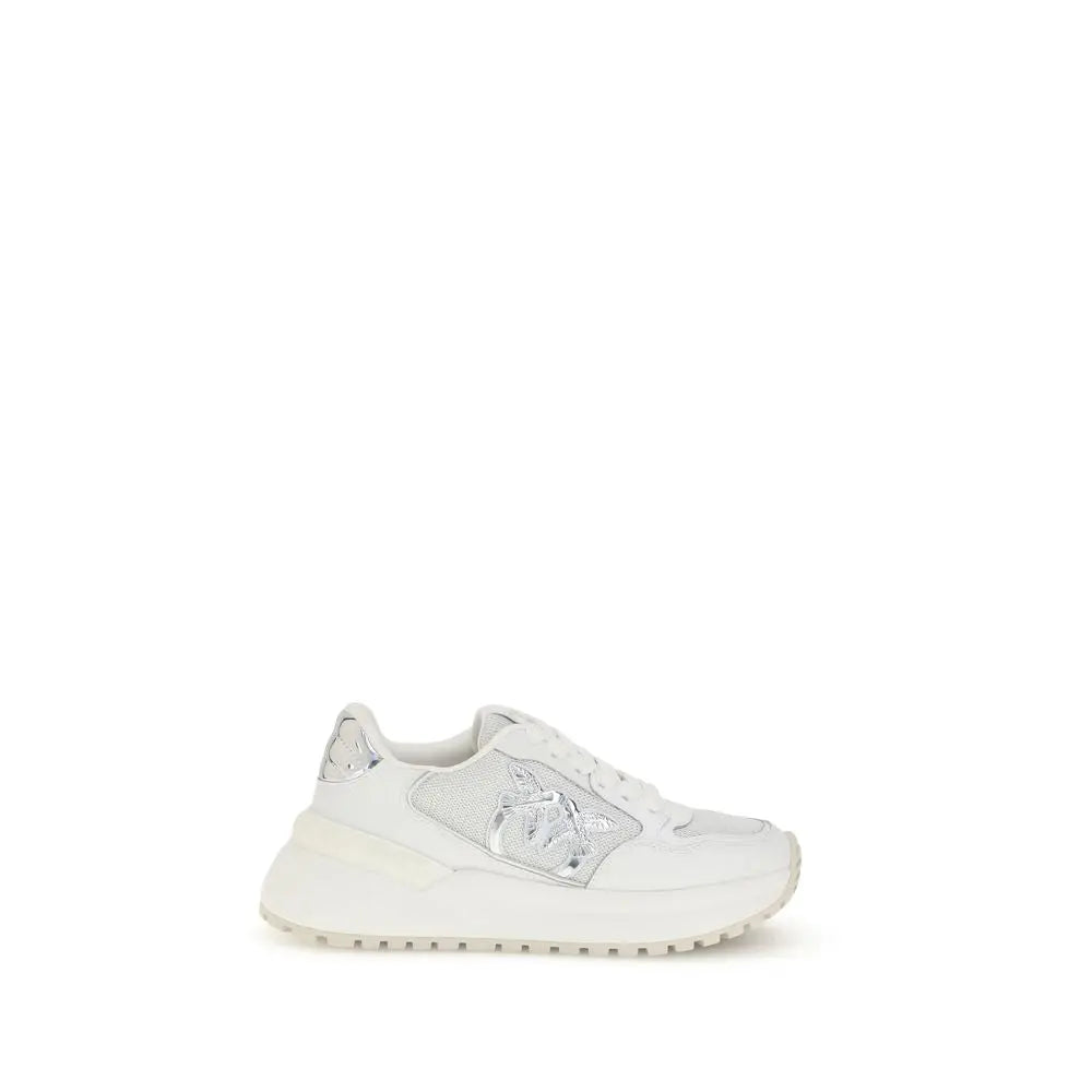 Pinko White Leather & Mesh Sneakers with Mirrored Details and Love Birds Logo PINKO