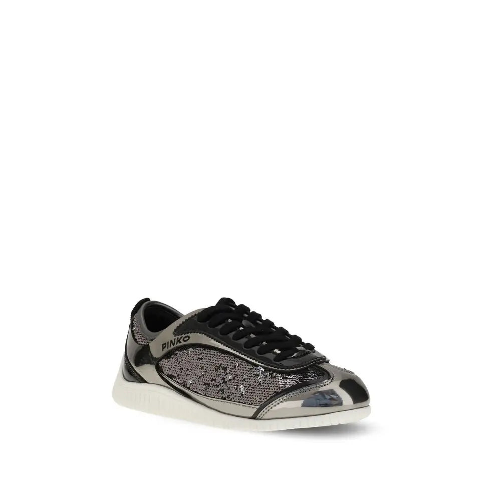 Pinko Reby Silver Nylon Chunky Sneakers with Sequin Details PINKO
