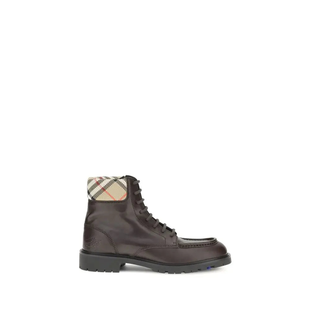 Burberry Rogue Brown Leather Amphibious Ankle Boots with Check Collar and Knight Motif Burberry
