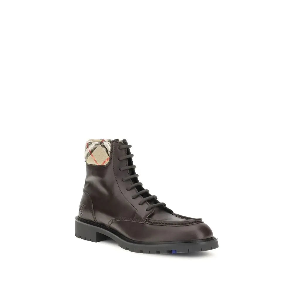Burberry Rogue Brown Leather Amphibious Ankle Boots with Check Collar and Knight Motif Burberry
