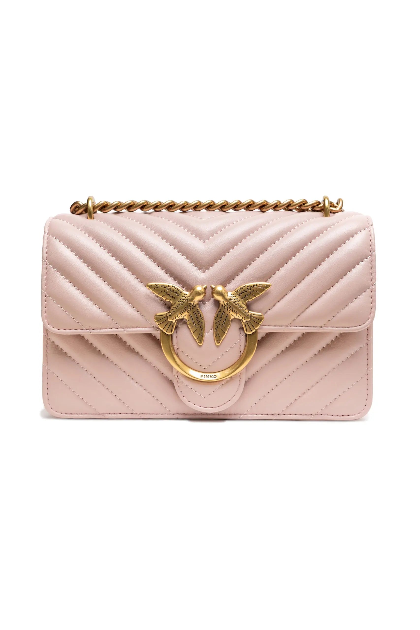 Pinko Mini Love One pink Chevron Shoulder Bag with Love Birds Buckle PINKO