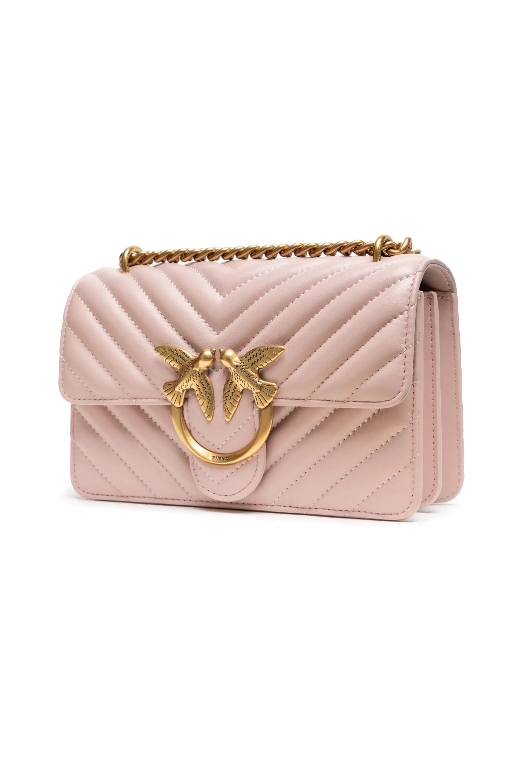 Pinko Mini Love One pink Chevron Shoulder Bag with Love Birds Buckle PINKO