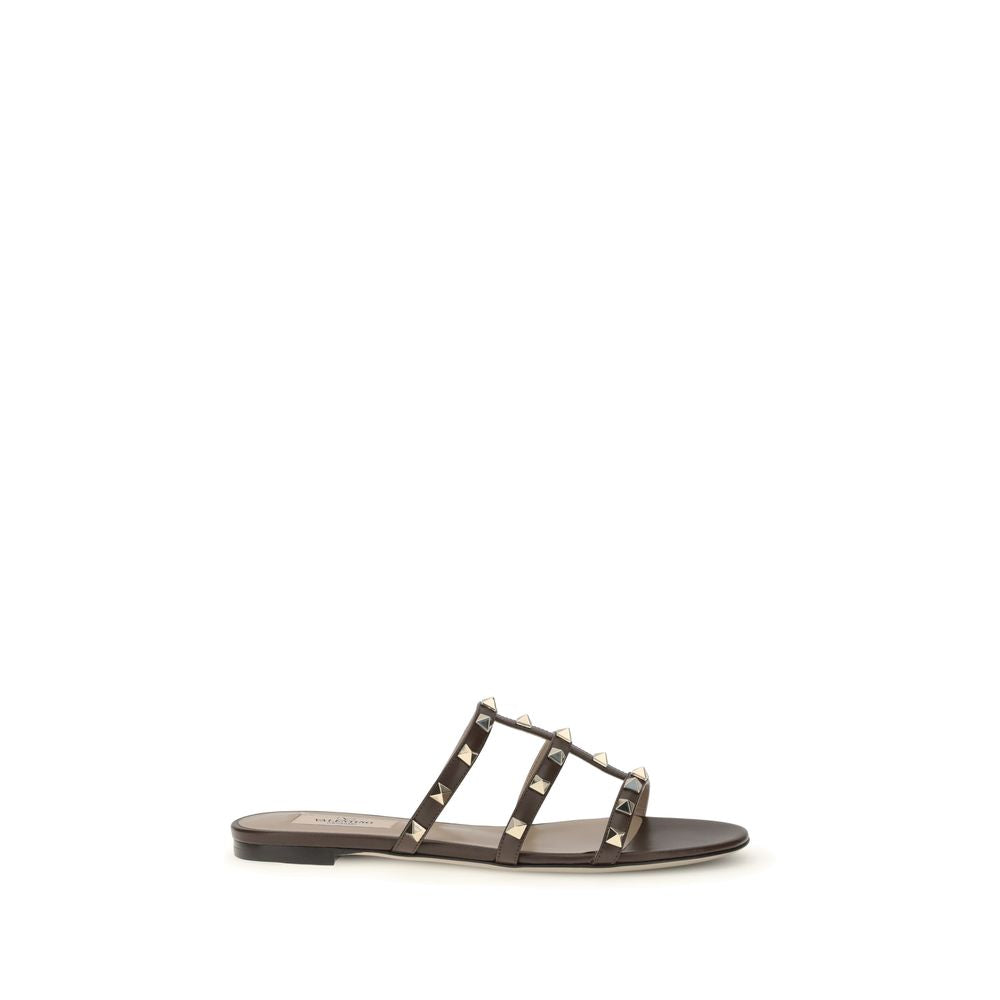 Valentino Garavani Brown Calf Leather Bos Taurus Flat Sandals Valentino Garavani