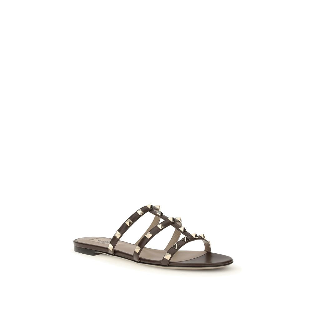 Valentino Garavani Brown Calf Leather Bos Taurus Flat Sandals Valentino Garavani